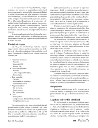Si las secreciones son muy abundantes, sangui-                La frecuencia cardíaca se considera el signo más
nolentas o hay meconio, se necesitará aspiración bucal        importante y decide el cambio de una conducta expec-
con presión negativa (como el sifón para moco de Delee)       tante a una reanimación inmediata. Se puede contar apli-
o aspiración mecánica con bajas presiones, limpiando          cando un estetoscopio sobre la pared torácica del niño o
solo la orofaringe y evitando traumatismos de la mucosa       palpando las pulsaciones del cordón umbilical. Una fre-
oral y faríngea. No es necesaria la aspiración gástrica.      cuencia inferior a 100 pulsaciones por minuto está aso-
No se debe realizar la aspiración de la nariz, pues esti-     ciada con la asfixia. El llanto y el incremento de la
mula la inhalación y la aspiración, además, por mecanis-      actividad aumentará el número de pulsaciones.
mo vagal, puede deprimir el centro respiratorio. También            El esfuerzo respiratorio sigue a la frecuencia car-
la aspiración nasal favorece, en las horas siguientes al      díaca en importancia. Un niño que responde bien llora
nacimiento, una obstrucción nasal por irritación de la        vigorosamente y no tiene dificultad al respirar. Las res-
mucosa.                                                       piraciones regulares por lo general se establecen en el
      Si posterior a la aspiración bucofaríngea, las respi-   primer minuto. La respiración irregular y superficial o la
raciones parecen inadecuadas, se deben descartar de-
                                                              apnea, indican que deberá prestarse ayuda ventilatoria.
formidades congénitas que impidan la respiración normal
                                                                    Las extremidades flexionadas con resistencia a la
o asfixia asociada.
                                                              extensión sugieren un tono muscular adecuado.Se debe
Puntaje de Apgar                                              recordar que este signo está afectado por la edad
     En 1952, una anestesióloga llamada Virginia              gestacional del paciente, independientemente de que
Apgar, creó el método que lleva su nombre, con el ob-         exista o no asfixia asociada.
jetivo de valorar las condiciones fisicas del niño tras el          La prueba de irritabilidad refleja tiene varias for-
parto. Este método evalúa 5 signos, como se observa a         mas de evaluarse. Comúnmente, durante la aspiración
continuación:                                                 orofaríngea, el niño en buenas condiciones se resiste a
                                                              la introducción del catéter con llanto fuerte. Puede esti-
   • Frecuencia cardíaca:                                     mularse también con una suave palmada en la planta de
       - Ausente.                                             los pies, obteniéndose la misma respuesta. Se juzga que
       - Menos de 100.                                        un niño reacciona en forma deficiente cuando llora dé-
       - Más de 100.                                          bilmente o apenas hace una mueca. Si el sistema ner-
   •   Esfuerzo respiratorio:                                 vioso central está muy deprimido, el neonato no
       - Ausente.                                             responderá de forma alguna.
       - Lento, irregular, bradipnea.                               Conforme la circulación hace el cambio de la for-
       - Bueno, llanto.                                       ma fetal a la vida extrauterina y comienza la respiración,
   •   Tono muscular:
                                                              el cuerpo de un niño sano por lo general se pondrá rosa-
       - Flacidez.
                                                              do en 1 a 3 min. La acrocianosis está presente por corto
       - Semiflexión de miembros.
                                                              tiempo en recién nacidos con buenas condiciones.
       - Movimientos activos.
   •   Respuesta refleja:                                     Interpretación
       - Sin respuesta.
       - Ligera mueca                                              Una calificación de Apgar de 7 a 10 indica que la
       - Tos o estornudo.                                     condición del niño es buena y no serán necesarios otros
   •   Color:                                                 procedimientos más que la observación cuidadosa ruti-
       - Azul o pálido.                                       naria.
       - Cuerpo rosado. Extremidades azuladas.
       - Completamente rosado.
                                                              Ligadura del cordón umbilical
                                                                    El cordón umbilical se comprime de forma trans-
      Estos signos deben ser observados alrededor del         versal, con una pinza de cierre fijo, a una distancia de
primer minuto de vida y luego evaluados a los 5 min           3 ó 4 cm de la pared abdominal; este se corta distalmente
Cada uno es evaluado de acuerdo con el grado en que           a la pinza, se examinan sus vasos (2 arterias y 1 vena) y
esté presente y recibe una calificación de 0,1 ó 2. Al        se liga próximo a la pinza, después de lo cual se retira
final se suman los puntos de cada signo para obtener          esta última. La ligadura se puede realizar con bandas
una calificación final (10 como máximo).                      elásticas o con presillas fabricadas para este propósito

Parte VII. Neonatología                                                                        335
 