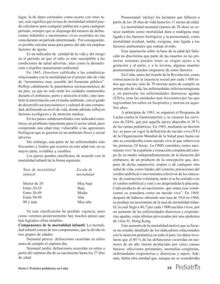 lugar, la de datos estimados como ocurre con otras ta-               Posneonatal: incluye los lactantes que fallecen a
sas; esto significa que la tasa de mortalidad infantil pue-   partir de los 28 días de vida hasta los 11 meses de edad.
de calcularse para cualquier población o para cualquier              La mortalidad neonatal (menos de 28 días) se co-
período, siempre que se disponga del número de defun-         noce también como mortalidad dura o endógena muy
ciones infantiles y nacimientos vivos ocurridos en esa        ligada a los factores biológicos y la posneonatal, como
zona durante un período determinado. Por consiguiente,        mortalidad residual, tardía, exógena, más ligada a los
es posible calcular tasas para partes del año sin emplear     factores ambientales que rodean al niño.
factores de ajuste.                                                  Esta separación sobre la base de la edad del falle-
      Es un indicador de calidad de la vida y del riesgo
                                                              cido no discrimina que parte de las muertes en las pri-
en el período en que el niño es más susceptible a las
                                                              meras semanas pueden tener su origen ajeno a la
condiciones de salud adversas, tales como la desnutri-
                                                              gestación y al parto, y a la inversa, algunas muertes
ción o el pobre saneamiento ambiental.
                                                              posneonatales pueden originarse de estos factores.
      En 1865, Osterleen calificaba a las estadísticas
                                                                     En Cuba, antes del triunfo de la Revolución, como
relacionadas con la mortalidad en el primer año de vida
                                                              consecuencia de la injusticia social por cada 1 000 ni-
de “termómetro muy sensible del bienestar público”.
                                                              ños que nacían, más de 70 morían antes de cumplir su
Refleja cabalmente la panorámica socioeconómica de
                                                              primer año de vida, las enfermedades infectocontagiosas
un país, ya que no solo mide los cuidados mantenidos
                                                              y, en particular las enfermedades diarreicas agudas
durante el embarazo, parto y atención al niño, sino tam-
                                                              (EDA), eran las entidades más frecuentes por las que
bién la interrelación con el medio ambiente, con el grado
                                                              ingresaban los niños en hospitales y morían en aque-
de desarrollo socioeconómico y cultural de una comuni-
dad, definiendo su nivel de vida, donde además influyen       llos años.
factores ecológicos y de atención médica.                            A principios de 1963, se organizó el Programa de
      En los países subdesarrollados este indicador cons-     Lucha contra la Gastroenteritis y se crearon los servi-
tituye un problema importante para el sector salud, pues      cios de EDA, que por aquella época abarcaba el 30 %
comprende una edad muy vulnerable a las agresiones            de las camas pediátricas. En 1965, mediante un decreto
biológicas que se generan en un ambiente físico y social      ley, se puso en vigor la definición de nacido vivo (NV)
adverso.                                                      de la Organización Mundial de la Salud pues hasta ese
      Sin embargo, una parte de las enfermedades más          año se consideraba como nacido vivo al que sobrevivía
frecuentes y letales que ocurren en esta edad son, en su      las primeras 24 horas. La OMS considera como naci-
mayor parte, evitables y curables.                            miento vivo “la expulsión o extracción completa del cuer-
      Los países pueden clasificarse de acuerdo con la        po de su madre independientemente de la duración del
mortalidad infantil de la forma siguiente:                    embarazo, de un producto de la concepción que, des-
                                                              pués de dicha separación, respire o dé cualquier otra
   Tasa de mortalidad                  Escala de              señal de vida, como latidos del corazón, pulsaciones del
   infantil                            mortalidad             cordón umbilical o movimientos efectivos de los múscu-
                                                              los de contracción voluntaria, tanto si se ha cortado o no
   Menor de 20                          Muy baja              el cordón umbilical y esté o no desprendida la placenta.
   Entre 20-29                          Baja                  Cada producto de un nacimiento que reúna esas condi-
   Entre 30-49                          Media                 ciones se considera como un nacido vivo”. En 1969,
   Entre 50-89                          Alta                  después de haberse obtenido una tasa de 39,0 en 1968,
   90 y más                             Muy alta              se produjo un incremento de la tasa de mortalidad infan-
                                                              til, la cual llegó a 46,7 por cada 1 000 nacidos vivos, por
      Ya esta clasificación ha perdido vigencia, pues         un aumento de las enfermedades diarreicas y respirato-
como veremos posteriormente hay muchos países que             rias agudas, estas últimas provocadas por una epidemia
han logrados cifras notables.                                 de virus H2 Hong Kong.
Componentes de la mortalidad infantil. La mortali-                   Este aumento de la mortalidad motivó que se hicie-
dad infantil consta de tres componentes, que la divide en     ra un estudio detallado de los indicadores relacionados
tres grupos de edades:                                        con la atención pediátrica en todo el país; los datos reve-
      Neonatal precoz: defunciones ocurridas en niños         laron que el 80 % de las defunciones ocurridas en me-
antes de cumplir el séptimo día,                              nores de un año fueron producidas por cinco causas
      Neonatal tardía: defunciones ocurridas en niños a       básicas: afecciones perinatales, anomalías congénitas,
partir del séptimo día de su nacimiento hasta los 27 días     enfermedades respiratorias y diarreicas y sepsis. Ade-
de edad.                                                      más, había otra entidad que, aunque no se consideraba

Parte I. Práctica pediátrica en Cuba                                                              19
 