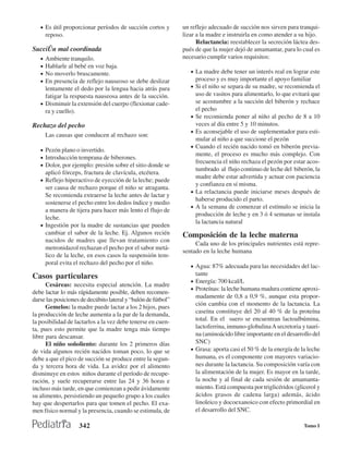 • Es útil proporcionar períodos de succión cortos y         un reflejo adecuado de succión nos sirven para tranqui-
       reposo.                                                 lizar a la madre e instruirla en como atender a su hijo.
                                                                     Relactancia: reestablecer la secreción láctea des-
Succiðn mal coordinada                                         pués de que la mujer dejó de amamantar, para lo cual es
   • Ambiente tranquilo.                                       necesario cumplir varios requisitos:
   • Hablarle al bebé en voz baja.
   • No moverlo bruscamente.                                      • La madre debe tener un interés real en lograr este
   • En presencia de reflejo nauseoso se debe deslizar                proceso y es muy importante el apoyo familiar
     lentamente el dedo por la lengua hacia atrás para            • Si el niño se separa de su madre, se recomienda el
     fatigar la respuesta nauseosa antes de la succión.               uso de vasitos para alimentarlo, lo que evitará que
   • Disminuir la extensión del cuerpo (flexionar cade-               se acostumbre a la succión del biberón y rechace
     ra y cuello).                                                    el pecho
                                                                  •   Se recomienda poner al niño al pecho de 8 a 10
Rechazo del pecho                                                     veces al día entre 5 y 10 minutos.
                                                                  •   Es aconsejable el uso de suplementador para esti-
       Las causas que conducen al rechazo son:
                                                                      mular al niño a que succione el pezón
                                                                  •   Cuando el recién nacido tomó en biberón previa-
   • Pezón plano o invertido.
                                                                      mente, el proceso es mucho más complejo. Con
   • Introducción temprana de biberones.
                                                                      frecuencia el niño rechaza el pezón por estar acos-
   • Dolor, por ejemplo: presión sobre el sitio donde se
                                                                      tumbrado al flujo continuo de leche del biberón, la
       aplicó fórceps, fractura de clavícula, etcétera.
                                                                      madre debe estar advertida y actuar con paciencia
   • Reflejo hiperactivo de eyección de la leche; puede
                                                                      y confianza en sí misma.
     ser causa de rechazo porque el niño se atraganta.
                                                                  •   La relactancia puede iniciarse meses después de
     Se recomienda extraerse la leche antes de lactar y
                                                                      haberse producido el parto.
     sostenerse el pecho entre los dedos índice y medio
                                                                  •   A la semana de comenzar el estímulo se inicia la
     a manera de tijera para hacer más lento el flujo de
                                                                      producción de leche y en 3 ó 4 semanas se instala
     leche.
                                                                      la lactancia natural
   • Ingestión por la madre de sustancias que pueden
     cambiar el sabor de la leche. Ej. Algunos recién          Composición de la leche materna
     nacidos de madres que llevan tratamiento con
                                                                    Cada uno de los principales nutrientes está repre-
     metronidazol rechazan el pecho por el sabor metá-
                                                               sentado en la leche humana
     lico de la leche, en esos casos la suspensión tem-
     poral evita el rechazo del pecho por el niño.
                                                                  • Agua: 87% adecuada para las necesidades del lac-
Casos particulares                                                  tante
                                                                  • Energía: 700 kcal/L
      Cesáreas: necesita especial atención. La madre
                                                                  • Proteínas: la leche humana madura contiene aproxi-
debe lactar lo más rápidamente posible, deben recomen-
                                                                    madamente de 0,8 a 0,9 %, aunque esta propor-
darse las posiciones de decúbito lateral y “balón de fútbol”
                                                                    ción cambia con el momento de la lactancia. La
      Gemelos: la madre puede lactar a los 2 hijos, pues
                                                                    caseína constituye del 20 al 40 % de la proteína
la producción de leche aumenta a la par de la demanda,
la posibilidad de lactarlos a la vez debe tenerse en cuen-          total. En el suero se encuentran lactoalbúmina,
ta, pues esto permite que la madre tenga más tiempo                 lactoferrina, inmuno-globulina A secretoria y tauri-
libre para descansar.                                               na (aminoácido libre importante en el desarrollo del
      El niño soñoliento: durante los 2 primeros días               SNC)
de vida algunos recién nacidos toman poco, lo que se              • Grasa: aporta casi el 50 % de la energía de la leche
debe a que el pico de succión se produce entre la segun-            humana, es el componente con mayores variacio-
da y tercera hora de vida. La avidez por el alimento                nes durante la lactancia. Su composición varía con
disminuye en estos niños durante el período de recupe-              la alimentación de la mujer. Es mayor en la tarde,
ración, y suele recuperarse entre las 24 y 36 horas e               la noche y al final de cada sesión de amamanta-
incluso más tarde, en que comienzan a pedir ávidamente              miento. Está compuesta por triglicéridos (glicerol y
su alimento, persistiendo un pequeño grupo a los cuales             ácidos grasos de cadena larga) además, ácido
hay que despertarlos para que tomen el pecho. El exa-               linoleico y docoexanoico con efecto primordial en
men físico normal y la presencia, cuando se estimula, de            el desarrollo del SNC.

                     342                                                                                          Tomo I
 
