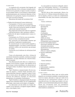 CLASIFICACIÓN                                                        La causa puede ser un proceso subagudo, relacio-
      La regulación del crecimiento fetal depende del          nado con enfermedades maternas y con problemas
potencial inherente al feto y del apoyo transplacentario.      placentarios, manifestados en las últimas semanas de la
Al inicio de la gestación, el apoyo excede en mucho a          gestación.
las necesidades fetales y el crecimiento es determinado,             Tipo III. Aún no bien caracterizado. Afecta a los
predominantemente, por el potencial inherente al feto;         fetos entre las 2 y 3 últimas semanas del embarazo, cuan-
tardíamente en la gestación, el apoyo al crecimiento se        do sus órganos y huesos ya están casi completamente
convierte en un factor limitante.                              desarrollados. Por tanto, tiene menores consecuencias.
      Mecanismo del retardo del crecimiento fetal              ETIOLOGÍA
                                                                     Causas extrínsecas
 • Reducción del potencial (causas intrínsecas):
   - Corresponde a 1/3 de los casos reconocidos.
                                                                • Factores maternos:
   - Se presenta la velocidad de crecimiento reducida
                                                                  - Desnutrición.
      desde el inicio de la gestación (puede.ser identifi-
                                                                  - Baja talla.
      cable desde el primer trimestre).
                                                                  - Toxemia.
   - Hay proporción normal entre todos los segmentos
                                                                  - Diabetes.
      (afectación del peso, talla y perímetro cefálico).
                                                                  - Cardiopatías.
 • Reducción del apoyo transplacentario (causas ex-
                                                                  - Hemoglobinopatías.
    trínsecas):
                                                                  - Narcóticos.
   - Corresponde a los 2/3 de los casos reconocidos.
                                                                  - Hábito de fumar.
   - Ocurre en fetos con potencial normal.
                                                                  - Bajo nivel económico.
   - Hay asociación con enfermedades maternas que                 - Primiparidad o gran multiparidad.
      perturban el suplemento transplacentario.                 • Factores funiculoplacentarios:
   - Se caracterizan por ser recién nacidos pequeños y            - Insersiones anómalas del cordón.
      desproporcionados, con relativa conservación del            - Anomalías placentarias.
      perímetro cefálico, por mecanismos que protegen             - Insuficiencia vascular placentaria.
      al cerebro.                                                 - Hemangiomas.
   - Asociación con el síndrome de sufrimiento fetal              - Fibrosis e infartos múltiples.
      crónico.                                                  • Factores ambientales:
                                                                  - Altitud.
      Como se ha demostrado, estos fetos, víctimas de             - Radiaciones.
crecimiento intrauterino retardado, constituyen un grupo        • Embarazo múltiple.
heterogéneo, con tipos diferentes de evolución intrau-
terina y posnatal.                                                   Causas intrínsecas
      Esta diferenciación entre ellos no se relaciona so-
lamente con los factores causales, sino también con la          •   Nanismo genético.
época en que se inicia el problema y las alteraciones en        •   Infecciones.
los órganos fetales. Se admiten 3 tipos de recién nacidos       •   Enfermedades congénitas.
hipotróficos:                                                   •   Malformaciones.
      Tipo I. Simétricos o proporcionados. En este caso,        •   Anomalías cromosómicas.
todos los órganos y sistemas fetales presentan creci-
                                                               CUADRO CLÍNICO
miento deficiente (músculo, esqueleto y cráneo). Se ad-
mite un inicio precoz del problema (final del primer                 La diferenciación clínica entre un recién nacido
trimestre del embarazo). Ejemplo, las infecciones              pequeño con crecimiento retardado y un pretérmino que
intrauterinas y las anomalías cromosómicas.                    creció de manera adecuada se logra por medio de la
      Tipo II. Asimétricos o desproporcionados. En este tipo   valoración de las características externas y por el
algunas de las estructuras fetales son casi completamente      desarrallo del tono y los reflejos que tienden a ser com-
preservadas, como ocurre con el cráneo y el esqueleto.         patibles con una determinada edad gestacional, indepen-
      Las alteracianes son más nítidas en el tejido sub-       diente del crecimiento fetal. Los parámetros
cutáneo, en los músculos y en algunos órganos abdomi-          antropométricos orientarán al tipo de hipocrecimiento
nales, como hígado y bazo.                                     fetal (simétricos-asimétricos).

Parte VII. Neonatología                                                                         357
 