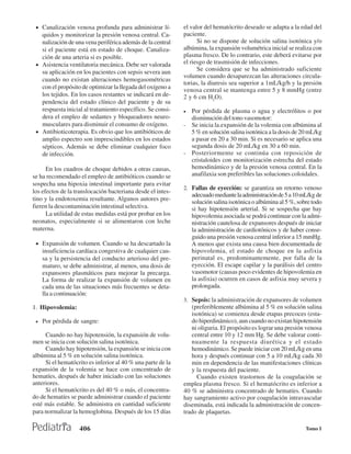 • Canalización venosa profunda para administrar lí-         el valor del hematócrito deseado se adapta a la edad del
   quidos y monitorizar la presión venosa central. Ca-       paciente.
   nalización de una vena periférica además de la central          Si no se dispone de solución salina isotónica y/o
   si el paciente está en estado de choque. Canaliza-        albúmina, la expansión volumétrica inicial se realiza con
   ción de una arteria si es posible.                        plasma fresco. De lo contrario, este deberá evitarse por
 • Asistencia ventilatoria mecánica. Debe ser valorada       el riesgo de trasmisión de infecciones.
   su aplicación en los pacientes con sepsis severa aun            Se considera que se ha administrado suficiente
                                                             volumen cuando desaparezcan las alteraciones circula-
   cuando no existan alteraciones hemogasométricas
                                                             torias, la diuresis sea superior a 1mL/kg/h y la presión
   con el propósito de optimizar la llegada del oxígeno a    venosa central se mantenga entre 5 y 8 mmHg (entre
   los tejidos. En los casos restantes se indicará en de-    2 y 6 cm H2O).
   pendencia del estado clínico del paciente y de su
   respuesta inicial al tratamiento específico. Se consi-    • Por pérdida de plasma o agua y electrólitos o por
   dera el empleo de sedantes y bloqueadores neuro-            disminución del tono vasomotor:
   musculares para disminuir el consumo de oxígeno.          - Se inicia la.expansión de la volemia con albúmina al
 • Antibioticoterapia. Es obvio que los antibióticos de        5 % en solución salina isotónica a la dosis de 20 mL/kg
   amplio espectro son imprescindibles en los estados          a pasar en 20 a 30 min. Si es necesario se aplica una
   sépticos. Además se debe eliminar cualquier foco            segunda dosis de 20 mL/kg en 30 a 60 min.
   de infección.                                             - Posteriormente se continúa con reposición de
                                                               cristaloides con monitorización estrecha del estado
      En los cuadros de choque debidos a otras causas,         hemodinámico y de la presión venosa central. En la
se ha recomendado el empleo de antibióticos cuando se          anafilaxia son preferibles las soluciones coloidales.
sospecha una hipoxia intestinal importante para evitar
                                                             2. Fallas de eyección: se garantiza un retorno venoso
los efectos de la translocación bacteriana desde el intes-
                                                                 adecuado mediante la administración de 5 a 10 mL/kg de
tino y la endotoxemia resultante. Algunos autores pre-
                                                                 solución salina isotónica o albúmina al 5 %, sobre todo
fieren la descontaminación intestinal selectiva.                 si hay hipotensión arterial. Si se sospecha que hay
      La utilidad de estas medidas está por probar en los        hipovolemia asociada se podrá continuar con la admi-
neonatos, especialmente si se alimentaron con leche              nistración cautelosa de expansores después de iniciar
materna.                                                         la administración de cardiotónicos y de haber conse-
                                                                 guido una presión venosa central inferior a 15 mmHg.
 • Expansión de volumen. Cuando se ha descartado la              A menos que exista una causa bien documentada de
     insuficiencia cardíaca congestiva de cualquier cau-         hipovolemia, el estado de choque en la asfixia
     sa y la persistencia del conducto arterioso del pre-        perinatal es, predominantemente, por falla de la
     maturo, se debe administrar, al menos, una dosis de         eyección. El escape capilar y la parálisis del centro
     expansores plasmáticos para mejorar la precarga.            vasomotor (causas poco evidentes de hipovolemia en
     La forma de realizar la expansión de volumen en             la asfixia) ocurren en casos de asfixia muy severa y
     cada una de las situaciones más frecuentes se deta-         prolongada.
     lla a continuación:
                                                             3. Sepsis: la administración de expansores de volumen
1. Hipovolemia:                                                 (preferiblemente albúmina al 5 % en solución salina
                                                                isotónica) se comienza desde etapas precoces (esta-
 •   Por pérdida de sangre:                                     do hiperdinámico), aun cuando no existan hipotensión
                                                                ni oliguria. El propósito es lograr una presión venosa
     Cuando no hay hipotensión, la expansión de volu-           central entre 10 y 12 mm Hg. Se debe valorar conti-
men se inicia con solución salina isotónica.                    nuamente la respuesta diurética y el estado
     Cuando hay hipotensión, la expansión se inicia con         hemodinámico. Se puede iniciar con 20 mL/kg en una
albúmina al 5 % en solución salina isotónica.                   hora y después continuar con 5 a 10 mL/kg cada 30
     Si el hematócrito es inferior al 40 % una parte de la      min en dependencia de las manifestaciones clínicas
expansión de la volemia se hace con concentrado de              y la respuesta del paciente.
hematíes, después de haber iniciado con las soluciones            Cuando existen trastornos de la coagulación se
anteriores.                                                  emplea plasma fresco. Si el hematócrito es inferior a
     Si el hematócrito es del 40 % o más, el concentra-      40 % se administra concentrado de hematíes. Cuando
do de hematíes se puede administrar cuando el paciente       hay sangramiento activo por coagulación intravascular
esté más estable. Se administra en cantidad suficiente       diseminada, está indicada la administración de concen-
para normalizar la hemoglobina. Después de los 15 días       trado de plaquetas.

                    406                                                                                          Tomo I
 