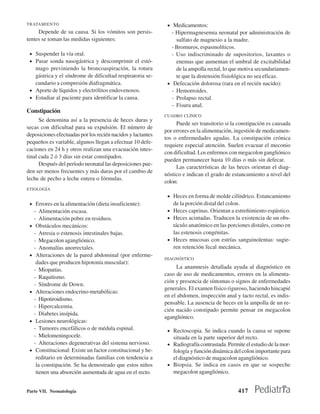 TRATAMIENTO                                                    • Medicamentos:
     Depende de su causa. Si los vómitos son persis-             - Hipermagnesemia neonatal por administración de
tentes se toman las medidas siguientes:                            sulfato de magnesio a la madre.
                                                                 - Bromuros, espasmolíticos.
 • Suspender la vía oral.                                        - Uso indiscriminado de supositorios, laxantes o
 • Pasar sonda nasogástrica y descomprimir el estó-                enemas que aumentan el umbral de excitabilidad
   mago previniendo la broncoaspiración, la rotura                 de la ampolla rectal, lo que motiva secundariamen-
   gástrica y el síndrome de dificultad respiratoria se-           te que la distensión fisiológica no sea eficaz.
   cundario a compresión diafragmática.                        • Defecación dolorosa (rara en el recién nacido):
 • Aporte de líquidos y electrólitos endovenosos.                - Hemorroides.
 • Estudiar al paciente para identificar la causa.               - Prolapso rectal.
                                                                 - Fisura anal.
Constipación
                                                              CUADRO CLÍNICO
      Se denomina así a la presencia de heces duras y
                                                                   Puede ser transitorio si la constipación es causada
secas con dificultad para su expulsión. El número de
                                                              por errores en la alimentación, ingestión de medicamen-
deposiciones efectuadas por los recién nacidos y lactantes
                                                              tos o enfermedades agudas. La constipación crónica
pequeños es variable, algunos llegan a efectuar 10 defe-
                                                              requiere especial atención. Suelen evacuar el meconio
caciones en 24 h y otros realizan una evacuación intes-
                                                              con dificultad. Los enfermos con megacolon gangliónico
tinal cada 2 ó 3 días sin estar constipados.
                                                              pueden permanecer hasta 10 días o más sin defecar.
      Después del período neonatal las deposiciones pue-
                                                                   Las características de las heces orientan el diag-
den ser menos frecuentes y más duras por el cambio de
                                                              nóstico e indican el grado de estancamiento a nivel del
leche de pecho a leche entera o fórmulas.
                                                              colon:
ETIOLOGÍA
                                                               • Heces en forma de molde cilíndrico. Estancamiento
 • Errores en la alimentación (dieta insuficiente):              de la porción distal del colon.
     - Alimentación escasa.                                    • Heces caprinas. Orientan a estreñimiento espástico.
     - Alimentación pobre en residuos.                         • Heces acintadas. Traducen la existencia de un obs-
 •    Obstáculos mecánicos:                                      táculo anatómico en las porciones distales, como en
     - Atresia o estenosis intestinales bajas.                   las estenosis congénitas.
     - Megacolon agangliónico.                                 • Heces mucosas con estrías sanguinolentas: sugie-
     - Anomalías anorrectales.                                   ren retención fecal mecánica.
 •    Alteraciones de la pared abdominal (por enferme-
                                                              DIAGNÓSTICO
      dades que producen hipotonía muscular):
     - Miopatías.                                                   La anamnesis detallada ayuda al diagnóstico en
                                                              caso de uso de medicamentos, errores en la alimenta-
     - Raquitismo.
                                                              ción y presencia de síntomas o signos de enfermedades
     - Síndrome de Down.
                                                              generales. El examen físico riguroso, haciendo hincapié
 •    Alteraciones endocrino-metabólicas:
                                                              en el abdomen, inspección anal y tacto rectal, es indis-
     - Hipotiroidismo.
                                                              pensable. La ausencia de heces en la ampolla de un re-
     - Hipercalcemia.
                                                              cién nacido constipado permite pensar en megacolon
     - Diabetes insípida.
                                                              agangliónico.
 •    Lesiones neurológicas:
     - Tumores encefálicos o de médula espinal.                • Rectoscopia. Se indica cuando la causa se supone
     - Mielomeningocele.                                         situada en la parte superior del recto.
     - Alteraciones degenerativas del sistema nervioso.        • Radiografía contrastada. Permite el estudio de la mor-
 •    Constitucional: Existe un factor constitucional y he-      fología y función dinámica del colon importante para
      reditario en determinadas familias con tendencia a         el diagnóstico de magacolon agangliónico.
      la constipación. Se ha demostrado que estos niños        • Biopsia. Se indica en casos en que se sospeche
      tienen una absorción aumentada de agua en el recto.        megacolon agangliónico.


Parte VII. Neonatología                                                                        417
 