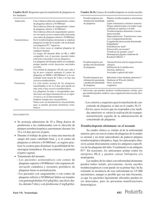 Cuadro 36.15. Requisitos para la transfusión de plaquetas en           Cuadro 36.16. Causas de trombocitopenia en recién nacidos
los humanos
                                                                         Trombocitopenia por       Púrpura trombocitopénica autoinmune
 Indicación:        Con evidencia clínica de sangramiento: conteo        eliminación aumentada     materna
                    de plaquetas inferior a 50 000/mm3                   de plaquetas:             Lupus eritematoso sistémico materno
                    Sin evidencia clínica de sangramiento: conteo                                  Drogas administradas a la madre (espe-
                    de plaquetas inferior o 20 000/mm3 .                                           cialmente la aspirina) o al niño
                    Sin evidencia clínica de sangramiento: pacien-                                 Trombocitopenia aloinmune o insoin-
                    tes con sepsis severa o enterocolitis netrosante                               mune neonatal
                    con conteo de plaquetas inferior o 50 000/mm3                                  Hiperesplenismo. Transfusiones masi-
 Características:   En lo trombocitopenia aloinmune se emplean                                     vas o exanguinotransfusión
                                                                                                   Coagulación intravascular diseminada
                    plaquetas lavadas de la madre o de un donante
                                                                                                   Poliglobulia*
                    con plaquetas P1Al negativas
                                                                                                   Eritroblastosis fetal*
                    En los otros casos se emplean plaquetas de                                     Enterocolitis necrosante*
                    cualquier donante                                                              Trombosis de grandes vasos*
                    La sangre del donante debe ser Rh y ABO                                        Hemangioma gigante (síndrome de
                    compatible con el paciente (pueden haber                                       Kasabach-Merrit) *
                    eritrocitos mezclados con las plaquetas).
                    Las plaquetas del donante deben ser irradiadas       Trombocitopenia por   Afectación tóxica de los megacoriocitos
                    porque pueden existir leucocitos mezclados           producción disminuida (drogas)
                    con ellas                                            de plaquetas:         Infiltración de la médula ósea
 Cantidad:          Una unidad de plaquetas (20 mL) por cada 3                                 Anemias aplásticas
                    kg de peso corporal aumenta el conteo de                                   Asociadas a aplasia del radio
                    plaquetas en 50000 a 100 000/mm3 si el con-
                    centrado tiene menos de 3 días y no hay una          Trombocitopenia por       Infecciones (virus, bacterias, protozoos) *
                    excesiva trombocitolisis                             eliminación aumentada     Síndrome de Wiscolt-Aldrich
 Frecuencia:        La vida media normal de las plaquetas                y producción disminuida   Otros trastornos
                    transfundidas es de 4 a 5 días, pero puede ser       de plaquetas              congénitos
                    más corta si hay excesiva trombocitolisis
                    Las plaquetas lavadas o resuspendidas pue-         * Afecciones que pueden producir trombocitopenia aislada, pero
                    den tener una ligera disminución en su super-        que también pueden conducir a una coagulación intravascular dise-
                    vivencia y en su funcionamiento                      minada.
 Vía:               Emplear siempre una vena periférica
                    Nunca usar vía intraarterial ni vena profunda,        - Los criterios y requisitos para la transfusión de con-
                    pues se pueden presentar fenómenos trom-                centrado de plaquetas se dan en el cuadro 36.15.
                    bóticos
                                                                          - En los casos severos que no responden a las medi-
                                                                            das anteriores se valora la realización de exangui-
TRATAMIENTO
                                                                            notransfusión seguida de la administración de
                                                                            concentrado de plaquetas.
 • Se aconseja administrar de 10 a 20mg diarios de
    prednisona a las embarazadas con la afección de                    Trombocitopenia aloinmune en el neonato
    púrpura trombocitopénica autoinmune durante los
                                                                            Su cuadro clínico es similar al de la enfermedad
    10 a 14 días previos al parto.
                                                                       anterior, pero en esta el conteo de plaquetas de la madre
 • Durante el trabajo de parto se toma una muestra de
                                                                       es normal y no tiene antecedentes de padecer púrpura
    sangre del cuero cabelludo fetal, y si el conteo de
                                                                       trombocitopénica idiopática. Aquí, los anticuerpos ofen-
    plaquetas es inferior a 50 000/mm3, se sugiere prac-               sivos actúan directamente contra los antígenos específi-
    ticar la cesárea para disminuir la posibilidad de he-              cos de las plaquetas del niño. Usualmente es un antígeno
    morragias traumáticas. En caso contrario, se permite               P1Al. En ocasiones, los anticuerpos actúan contra los
    el parto vaginal.                                                  antígenos HLA y pueden causar linfopenia y/o
 • Tratamiento del neonato:                                            neutropenia.
   - Los pacientes asintomáticos con conteo de                              Las madres de los niños con enfermedad aloinmune
      plaquetas superior a 50 000/mm3 solo requieren ob-               pueden haber tenido, previamente, recién nacidos
      servación cuidadosa y recuentos periódicos de                    trombocitopénicos o este puede ser su primer hijo. Se ha
      plaquetas hasta su normalización.                                estimado la incidencia de esta enfermedad en 1/5 000
   - Los pacientes con sangramiento o con conteo de                    nacimientos, aunque es posible que sea más frecuente,
      plaquetas inferior a 50 000/mm3 deben ser tratados               ya que los pacientes ligeramente afectados pueden no
      con gammaglobulina (0,4 g/kg/día), una dosis dia-                ser detectados, pues no presentan manifestaciones
      ria, durante 5 días y con prednisona (2 mg/kg/día).              hemorrágicas.

Parte VII. Neonatología                                                                                        441
 