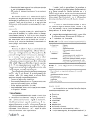 − Disminución inadecuada del glucagón en respuesta                  El calcio circula en sangre fijado a las proteínas, en
   a una sobrecarga de glucosa.                                 forma de complejos (con bicarbonato, fosfato o citrato)
 − Elevación de las catecolaminas en los prematuros             y en forma ionizada. La fracción ionizada, que es la
   enfermos.                                                    biológicamente activa, se relaciona inversamente con la
                                                                concentración sérica de proteínas (mientras menos pro-
      La diabetes mellitus se ha informado en algunos           teínas, mayor fracción iónica) y con el pH sanguíneo
recién nacidos. Es provocada por una deficiencia en la          (mientras más bajo el pH mayor la fracción iónica).
producción de insulina o por la síntesis de una molécula
anormal. Suele ser transitoria y se caracteriza                 ETIOLOGÍA
clínicamente por desnutrición progresiva, poliuria y glu-            Las causas de hipocalcemia se dividen en preco-
cosuria.                                                        ces y tardías según se muestra en los cuadros 37.3 y
PREVENCIÓN                                                      37.4. Sin embargo, 2 de las causas de hipocalcemia son
                                                                independientes de la edad del paciente:
      Consiste en evitar la excesiva administración
intravenosa de líquidos y los cambios súbitos en el apor-
                                                                 • La ausencia congénita de paratiroides, ya sea aisla-
te de glucosa. Además, se vigila la concentración de la
                                                                     da o formando parte del síndrome de Di George.
glucosa sanguínea en los prematuros que reciben líqui-
                                                                 • El tratamiento con fototerapia.
dos intravenosos, en los que se tratan con cafeína o
teofilina, y en los que se encuentran en situaciones de         Cuadro 37.3. Causas de hipocalcemia precoz (primeros 3 días)
estrés (cirugía, infecciones, etcétera).
                                                                 1. Alteraciones       Diabetes
TRATAMIENTO                                                         maternos:          Epilepsia
      Consiste en reducir el flujo de administración de                                Hiperparatiroidismo
                                                                                       Deficiencia de calcio o vitamina D
glucosa a menos de 3 mg/kg/min (se deben evitar solu-
                                                                 2. Alteraciones       Asfixia
ciones que contengan menos del 3 % de glucosa). Si                  neonatales:        Prematuridad
persiste la hiperglicemia se emplea insulina. La respues-                              Aumento transitorio de la calcitonina
ta a la insulina puede ser exagerada o bien no haber                                   Hipoparatiroidismo transitorio
respuesta. Se utiliza insulina cristalina por vía intravenosa    3. Iatrógenas:        Insuficiente suministro posnatal de calcio
                                                                                       Administración de bicarbonato de sodio
o subcutánea y se comienza con una dosis mínima (de                                    Exanguinotransfusión con sangre citratada
0,125 a 0,25 U/kg/dosis). Si no hay respuesta después
de 60 a 90 min se puede incrementar hastade 0,5 a 1 U/kg.       Cuadro 37.4. Causas de hipocalcemia neonatal tardía (de 5 a
Cuando se encuentre la dosis adecuada, se repite cada           7 días)
4 a 6 h mientras persista la hiperglicemia.
      Se realizará determinación de glucosa sanguínea a           Hiperfosfatemia por ingestión de leche con alto contenido
los 30 y a los 90 min después de la administración de             de fósforo
                                                                  Malabsorción intestinal de calcio
insulina y a las 4 ó 6 h para decidir la próxima dosis,           Hipomagnesemia
además se tomarán las medidas siguientes:                         Hipoparatiroidismo congénito
  • Control de la infección si existiera.                         Raquitismo
  • Interrumpir el tratamiento con fármacos que provo-            Enfermedad hepática
    quen hiperglicemia (ejemplo, teofilina).
  • Evitar pérdidas insensibles elevadas.                       CUADRO CLÍNICO
  • Lograr adecuado balance hídrico que permita el apor-
                                                                     Los signos clínicos no son específicos, los que apa-
    te de glucosa deseado.
                                                                recen más comúnmente son:
Hipocalcemia                                                     •   Temblores.
     Se diagnostica hipocalcemia cuando existen cifras           •   Apneas.
de calcio sérico total inferiores a 8 mg/dL en recién na-        •   Convulsiones.
cidos a términos e inferiores a 7 mg/dL en prematuros.           •   Irritabilidad.
Esta diferencia se debe a que la concentración de pro-           •   Letargo.
teínas séricas es mayor en los primeros por lo que su            •   Succión débil.
calcio iónico puede ser menor con cifras similares de            •   Rechazo del alimento.
calcio total. Cifras inferiores a 3 o 3,5 mg/dL de calcio        •   Disminución de la contractilidad cardíaca.
iónico se consideran como hipocalcemia.                          •   En el electrocardiograma, prolongación de intervalo QT.

                    446                                                                                                       Tomo I
 