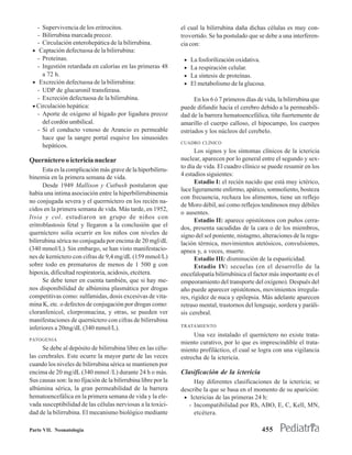 - Supervivencia de los eritrocitos.                          el cual la bilirrubina daña dichas células es muy con-
   - Bilirrubina marcada precoz.                                trovertido. Se ha postulado que se debe a una interferen-
   - Circulación enterohepática de la bilirrubina.              cia con:
 • Captación defectuosa de la bilirrubina:
   - Proteínas.                                                  •   La fosforilización oxidativa.
   - Ingestión retardada en calorías en las primeras 48          •   La respiración celular.
     a 72 h.                                                     •   La síntesis de proteínas.
 • Excreción defectuosa de la bilirrubina:                       •   El metabolismo de la glucosa.
   - UDP de glucuronil transferasa.
   - Excreción defectuosa de la bilirrubina.                          En los 6 ó 7 primeros días de vida, la bilirrubina que
 • Circulación hepática:                                        puede difundir hacia el cerebro debido a la permeabili-
   - Aporte de oxígeno al hígado por ligadura precoz            dad de la barrera hematoencefálica, tiñe fuertemente de
     del cordón umbilical.                                      amarillo el cuerpo calloso, el hipocampo, los cuerpos
   - Si el conducto venoso de Arancio es permeable              estriados y los núcleos del cerebelo.
     hace que la sangre portal esquive los sinusoides
                                                                CUADRO CLÍNICO
     hepáticos.
                                                                      Los signos y los síntomas clínicos de la ictericia
Querníctero o ictericia nuclear                                 nuclear, aparecen por lo general entre el segundo y sex-
                                                                to día de vida. El cuadro clínico se puede resumir en los
      Esta es la complicación más grave de la hiperbilirru-
                                                                4 estadios siguientes:
binemia en la primera semana de vida.
                                                                      Estadio I: el recién nacido que está muy ictérico,
      Desde 1949 Mallison y Cutbush postularon que
                                                                luce ligeramente enfermo, apático, somnoliento, bosteza
había una intima asociación entre la hiperbilirrubinemia
                                                                con frecuencia, rechaza los alimentos, tiene un reflejo
no conjugada severa y el querrníctero en los recién na-
                                                                de Moro débil, así como reflejos tendinosos muy débiles
cidos en la primera semana de vida. Más tarde, en 1952,
                                                                o ausentes.
Itsia y col. estudiaron un grupo de niños con
                                                                      Estadio II: aparece opistótonos con puños cerra-
eritroblastosis fetal y llegaron a la conclusión que el         dos, presenta sacudidas de la cara o de los miembros,
querníctero solía ocurrir en los niños con niveles de           signo del sol poniente, nistagmo, alteraciones de la regu-
bilirrubina sérica no conjugada por encima de 20 mgl/dL         lación térmica, movimientos atetósicos, convulsiones,
(340 mmol/L). Sin embargo, se han visto manifestacio-           apnea y, a veces, muerte.
nes de kerníctero con cifras de 9,4 mg/dL (159 mmol/L)                Estadio III: disminución de la espasticidad.
sobre todo en prematuros de menos de 1 500 g con                      Estadio IV: secuelas (en el desarrollo de la
hipoxia, dificultad respiratoria, acidosis, etcétera.           encefalopatía bilirrubínica el factor más importante es el
      Se debe tener en cuenta también, que si hay me-           empeoramiento del transporte del oxígeno). Después del
nos disponibilidad de albúmina plasmática por drogas            año puede aparecer opistótonos, movimientos irregula-
competitivas como: sulfamidas, dosis excesivas de vita-         res, rigidez de nuca y epilepsia. Más adelante aparecen
mina K, etc. o defectos de conjugación por drogas como:         retraso mental, trastornos del lenguaje, sordera y paráli-
cloranfenicol, clorpromacina, y otras, se pueden ver            sis cerebral.
manifestaciones de querníctero con cifras de bilirrubina
                                                                TRATAMIENTO
inferiores a 20mg/dL (340 mmol/L).
                                                                     Una vez instalado el querníctero no existe trata-
PATOGENIA
                                                                miento curativo, por lo que es imprescindible el trata-
      Se debe al depósito de bilirrubina libre en las célu-     miento profiláctico, el cual se logra con una vigilancia
las cerebrales. Este ocurre la mayor parte de las veces         estrecha de la ictericia.
cuando los niveles de bilirrubina sérica se mantienen por
encima de 20 mg/dL (340 mmol /L) durante 24 h o más.            Clasificación de la ictericia
Sus causas son: la no fijación de la bilirrubina libre por la        Hay diferentes clasificaciones de la ictericia; se
albúmina sérica, la gran permeabilidad de la barrera            describe la que se basa en el momento de su aparición:
hematoencefálica en la primera semana de vida y la ele-          • Ictericias de las primeras 24 h:
vada susceptibilidad de las células nerviosas a la toxici-         - Incompatibilidad por Rh, ABO, E, C, Kell, MN,
dad de la bilirrubina. El mecanismo biológico mediante               etcétera.

Parte VII. Neonatología                                                                            455
 