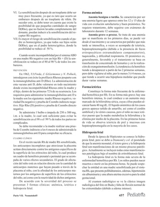 VI. La sensibilización después de un trasplante debe ser     Forma anémica
     muy poco frecuente, ya que es raro que ocurra un             Anemia benigna o tardía. Se caracteriza por ser
     embarazo después de un trasplante de riñón. De          una anemia ligera que aparece entre los 12 y 15 días de
     suceder esto, se debe tener en cuenta que existe la
                                                             vida con evolución satisfactoria y buen pronóstico. No
     posibilidad de que pequeñas cantidades de sangre
                                                             requiere tratamiento, debe seguirse con exámenes de
     D(Rho), que no fueron lavadas completamente del
     donante, puedan inducir a la sensibilización del re-    laboratorio durante 12 semanas.
     ceptor Rh negativo.                                          Anemia grave o precoz. Se trata de una anemia
VII. Es mayor el riesgo de sensibilización cuando el pa-     que se manifiesta en los primeros días, se puede ver
     dre es homocigótico, ya que todos sus hijos serán       desde el nacimiento y se caracteriza por palidez que más
     D(Rho), que en el padre heterocigótico, donde la        tarde se intensifica, a veces se acompaña de ictericia,
     posibilidad se reduce al 50 %.                          hepatosplenomegalia (debida a la presencia de focos
                                                             eritropoyéticos extramedulares compensatorios),
      Cuando ocurre incompatibilidad por el sistema ABO      taquicardia, y dificultad respiratoria. El pronóstico es,
en una madre Rh negativo con un hijo Rh + (D) la sen-        generalmente, favorable y el tratamiento se basa en
sibilización se reduce en el 80 al 90 % de todos los em-     transfusión de concentrado de hematíes y en la realiza-
barazos.
                                                             ción de exanguinotransfusión. La tendencia a la hemólisis
PREVENCIÓN                                                   tiende a desaparecer a partir de las 2 primeras semanas,
      En 1962, V.I.Freda, J. G.Gormonos y N. Pollack,        pero debe vigilarse al niño, por lo menos 3 ó 4 meses, ya
introdujeron con éxito la profilaxis Rhesus posparto con     que tiende a ocurrir una hipoplasia medular que puede
la inmunoglobulina anti D (Rho). La administración de        durar varias semanas.
esta vacuna anti D, debe valorarse en todo nacimiento
donde exista incompatibilidad Rhesus entre la madre y        Forma ictérica
el hijo, dentro de las primeras 72 h de su ocurrencia. Los        Constituye la forma más frecuente de la enferme-
requisitos para administrar la inmunoglobulina anti D a      dad hemolítica por Rh. En su forma más grave; hay una
la madre son los siguientes: madre Rhesus negativo, va-      hemólisis intensa, lo cual conduce a un aumento muy
riedad Du negativo y prueba de Coombs indirecto nega-        marcado de la bilirrubina sérica, cuyas cifras pueden al-
tivo. Hijo Rho (D) positivo y prueba de Coombs directo       canzar hasta 40 mg/dL. El líquido amniótico de los casos
negativo.                                                    graves aparece teñido de amarillo, así como el cordón
      Se administra 1 bulbo o ámpula de 250 o 300 mg,        umbilical y la vérnix caseosa, pero el niño no nace icté-
i.m. a la madre, lo cual será suficiente para evitar la      rico puesto que la madre metaboliza la bilirrubina y la
sensibilización en el 98 o el 99 % de todos los partos no    elimina por medio de la placenta. En las primeras horas
complicados.                                                 de vida se observa ictericia de piel y mucosas con
      Se debe recomendar a la madre realizar una prue-       hepatosplenomegalia en la mayoría de los casos.
ba de Coombs indirecto a los 6 meses de administrada la
inmunoglobulina anti D para comprobar su eficacia.           Hidropesía fetal
                                                                   Desde la época de Hipócrates se conoce la hidro-
CUADRO CLÍNICO
                                                             pesía fetal, pero se debe a Diamond y col. el postulado
      En el recién nacido Rh de madre Rh sensibilizada,      de que la anemia neonatal, el íctero grave y la hidropesía
los anticuerpos incompletos que atraviesan la placenta       fetal son manifestaciones de un mismo proceso patoló-
actúan directamente contra los antígenos específicos de      gico. Actualmente se incluyen todas estas manifestacio-
la superficie de los eritrocitos del niño, lo cual produce   nes patológicas bajo el nombre de eritroblastosis fetal.
un cuadro de hemólisis prenatal o perinatal que se acom-           La hidropesía fetal es la forma más severa de la
paña de varios efectos secundarios. El grado de afecta-      enfermedad hemolítica por Rh. Los niños pueden nacer
ción del niño está en relación directa con la cantidad de    muertos o morir en las primeras horas. Se puede sospe-
anticuerpos maternos que hayan pasado a través de la         char la entidad en una madre sensibilizada por el siste-
placenta al niño, con la afinidad de los anticuerpos ma-     ma Rh, que presente polihidramnios, edemas, hipertensión
ternos por los antígenos de superficie de los eritrocitos    sin albuminuria y una altura uterina excesiva para la edad
del niño, así como con la reactividad de dichos antígenos.   gestacional.
      De acuerdo con la severidad del proceso se                   Al examen radiológico se ve la clásica imagen
presentan 3 formas clínicas: anémica, ictérica e             radiológica del feto en Buda y falta de flexión normal de
hidropesia fetal.                                            las extremidades (debido a edema intenso).

Parte VII. Neonatolo45                                                                        457
 