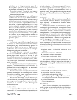 etiológico es el Estreptococo del grupo B o              de vida o incluso 2 a 3 semanas después (C. tracho-
    Haemophilus influenzae. Patogénicamente esta             matis). Puede producir insuficiencia respiratoria con o
    neumonía se puede adquirir de 2 maneras:                 sin apneas, a la cual se sobreañaden algunos signos o
   - Contaminación durante el paso por el canal del parto.   síntomas que le dan un carácter de mayor gravedad
   - Contaminación por aspiración de meconio o de lí-        (cianosis central, manifestaciones neurológicas, cho-
      quido amniótico infectado.                             que, etc.).
 • Neumonía adquirida posparto; esta se debe a una
                                                             DIAGNÓSTICO
    contaminación del neonato por el personal médico,
    paramédico o aun por los mismos familiares y por la            El diagnóstico debe sospecharse ante cualquier
    utilización de material contaminado cuando se reali-     antecedente de problemas obstétricos que implique ries-
    zan los procedimientos de permeabilización de las        go de infección, y en toda situación que afecte la fun-
    vías aéreas, el paso de sondas o catéteres y la asis-    ción respiratoria.
    tencia ventilatoria mecánica. Esta última es una de            Dentro de los estudios no microbiológicos ayuda-
    las causas más frecuentes de infección en el neonato,    rán a esclarecer el diagnóstico de infección los estudios
    situación que se agrava por la elevada resistencia       morfológicos de los leucocitos con sus índices, conteo
    antimicrobiana de los gérmenes implicados. Los gér-      de plaquetas, proteína C reactiva y otros. Los estudios
    menes que colonizan normalmente el tubo digestivo        microbiológicos se encaminan al aislamiento del agente
    y la mucosa de las vías aéreas altas, también son        causal e incluyen: hemocultivo (con baja positividad),
    una importante fuente de infección pulmonar en los       muestras de aspiración traqueal con Gram, cultivo del
    pacientes graves.                                        líquido cefalorraquídeo y estudios serológicos para de-
                                                             tección de antígenos y anticuerpos específicos.
ETIOLOGÍA
                                                                   Aunque la radiografía de tórax puede mostrar imá-
      Las bacterias responsables son aquellas presentes      genes compatibles con cualesquiera de los síndromes de
en el canal del parto: incluyendo los bacilos entéricos      dificultad respiratoria, existen elementos semiológicos
gramnegativos. Los microorganismos de adquisición            que pueden tener valor:
posnatal son Staphylococcus aureus, Staphylococcus
epidermidis, Pseudomona aeruginosa, así como gér-             • Lesiones densas e irregulares de localización hacia
menes entéricos de gran agresividad.
                                                                vértices.
      El papel de Clamidia trachomatis en este grupo
                                                              • Persistencia de lesiones pulmonares.
de edad ha sido estudiado por diversos autores quienes
                                                              • Aparición de lesiones pulmonares.
afirman que se puede identificar en el 25 al 30 % de
                                                              • Presencia de broncograma aéreo.
hospitalizados de menos de 3 meses. Been y Saxon des-
cribieron que producía una enfermedad crónica, febril,
                                                                   Los cambios radiográficos con neumatoceles, bu-
con ataque difuso, con presencia de inmunoglobulinas
                                                             las o formación de abscesos y neumotórax, justifican la
altas y eosinofilia.
                                                             repetición de la radiografía en diferentes momentos de
      Se sugiere asociación entre infección por citome-
                                                             la evolución.
galovirus y neumonitis neonatal. La enfermedad es ad-
quirida en el momento del nacimiento y por la ingesta de     DIAGNÓSTICO DIFERENCIAL
leche materna que contiene el virus.
      Pneumocystis carinii es un parásito oportunista         • Síndrome de dificultad respiratoria transitorio.
que causa neumonitis en pacientes debilitados, con mal-       • Síndrome de aspiración meconial.
formaciones congénitas y, aun en pacientes normales,          • Enfermedad de la membrana hialina.
ya sea en forma esporádica o epidémica.                       • Cardiopatía congénita con flujo pulmonar aumenta-
      Mycoplasma hominis y Ureaplasma urealyli-                 do (incluyendo el conducto arterioso persistente).
cum, se consideran comensales del tracto genitourinario;      • Atelectasia pulmonar.
pero son potencialmente patógenos, tanto en los adul-         • Hemorragia pulmonar.
tos como en los neonatos. En estos últimos pueden
                                                             TRATAMIENTO
producir neumonía.
                                                                   Por la sutileza de los datos clínicos específicos y
CUADRO CLÍNICO                                               por la gravedad que adoptan las infecciones en el neonato,
     La signología de la neumonía neonatal no es nada        se justifica la administración de antimicrobianos ante la
característica, se puede iniciar desde las primeras horas    menor sospecha.

                   466                                                                                             Tomo I
 