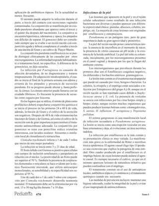 aplicación de antibióticos tópicos. En la actualidad es          Infecciones de la piel
menos frecuente.                                                       Las lesiones que aparecen en la piel y en el tejido
       El neonato puede adquirir la infección durante el         celular subcutáneo como resultado de una infección
parto, a través del contacto con secreciones vaginales           bacteriana son diversas y pueden aparecer con diferen-
contaminadas. La conjuntivitis se manifiesta por un exu-         te expresividad clínica: pústulas, abscesos, celulitis, im-
dado purulento abundante que aparece entre el tercer y           pétigo, etc. La mayoría de estas lesiones son originadas
el quinto día después del nacimiento. La conjuntiva se           por estafilococos y estreptococos.
encuentra hiperémica, edematosa y opaca; los párpados                  Pseudomona es un patógeno raro, pero de gran
son difíciles de separar. El gonococo debe ser conside-          importancia dada su gran agresividad y pronóstico.
rado siempre que se evalúe a un recién nacido con con-                 La piel del recién nacido posee características úni-
juntivitis aguda y deberá completarse el estudio a través        cas: la ausencia de microflora en el momento de nacer,
de una tinción de Gram y un cultivo de Thayer Martín.            la presencia de vérnix casesosa un pH ácido y la exis-
       La conjuntivitis purulenta estafilocócica no se pue-      tencia de la herida umbilical. La piel del niño es coloni-
de distinguir clínicamente de las causadas por otros             zada, inicialmente, por los microorganismos presentes
microorganismos. La enfermedad responde habitualmen-             en el canal vaginal y después por los que le llegan del
te a tratamiento local, no especifico. A diferencia de la
                                                                 ambiente externo.
gonocócica, no deja secuelas.
                                                                       Los microorganismos que prevalecen durante los
       La infección por P.aeruginosa es causante de
                                                                 primeros días son el Estafilococo coagulasa negativo,
afección devastadora, de no diagnosticarse y tratarse
                                                                 los difteroides y los bacilos entéricos gramnegativos.
tempranamente. De adquisición intrahospitalaria, el cua-
                                                                       La lesión más común es el exantema maculopapular
dro se inicia al final de la primera semana con edema y
                                                                 que puede ser causado por virus, hongos o bacterias. La
eritema de los párpados y presencia de secreción
                                                                 celulitis, la erisipela y el impétigo están asociados a in-
purulenta. En su progreso puede afectar y, hasta perfo-
rar, la córnea. La cámara anterior puede llenarse con un         fección por Estreptococo del grupo A ó B, aunque en el
exudado fibrinoso. Es frecuente la presencia de secue-           recién nacido se han reportado casos debido a Staphy-
las como ceguera por leucoma.                                    lococcus aureus y E. coli. La presencia de vesículas
       En los lugares que se utiliza, el nitrato de plata como   se asocia con infecciones por los virus herpes simple y
profiláctico deberá sospecharse conjuntivitis química si         herpes zóster, aunque existen muchos organismos que
se inicia el proceso en las primeras 24 a 48 h de vida,          pueden producir lesiones bulosas como: citomegalovirus,
además, la tínción de Gram y el cultivo de la secreción          S. aureus, H. influenzae, P. aeruginosa y Treponema
son negativos. Después de 48 h de vida extrauterina las          pallidum.
tinciones de Gram y de Giemsa, así como el cultivo de la               El ectima gangrenoso es una manifestación local
secreción son de gran importancia para instituir el trata-       de infección secundaria a Pseudomona aeruginosa.
miento antimicrobiano adecuado. La conjuntivitis por             La lesión se inicia como una erupción vesicular en una
gonococo se trata con penicilina sódica cristalina               base eritematosa y deja, al evolucionar, un área necrótica
intravenosa, con lavados oculares frecuentes e instila-          indolora.
ción local de cloranfenicol o tetraciclina.                            La infección por estafilococo es la más común y
       Clamydia trachomatis infecta a 1 de cada 3 niños          su presentación clínica es muy variada. La manifesta-
que nacen de una mujer portadora.                                ción más grave es la enfermedad de Ritter o necrólisis
       La infección se inicia entre 3 y 21 días de edad.         tóxica epidérmica. El agente causal (fago tipo 11)produ-
       El frotis teñido con Giemsa es positivo para células      ce una exotoxina que explica la patogenia de esta enti-
con cuerpos de inclusión semilunares y parapolares en            dad. Otro cuadro producido por el estafilococo es el
relación con el núcleo. La positividad de un frotis puede        impétigo buloso, de cuyas lesiones puede aislarse el agen-
ser superior al 70 %. También la presencia de corpúscu-          te causal. Es siempre necesario el cultivo, ya que en el
los elementales o reticulares se hace evidente por la téc-       neonato aparecen lesiones de naturaleza irritativa que
nica fluorescente microtrak, que utiliza anticuerpos             pueden confundirse con el impétigo.
monoclonales, su sensibilidad y su especificidad son su-               El tratamiento consiste en el uso de antisépticos
periores al 95 %.                                                locales, antibióticos tópicos y/o sistémicos y el tratamiento
       Uno de cada dos o 1 de cada 3 niños con conjunti-         quirúrgico cuando sea necesario.
vitis por C/amydia tráchomatis desarrolla neumonía                     Las medidas de prevención incluyen: mantener una
neonatal. El tratamiento debe ser la eritromicina por vía        higiene adecuada, cuidar la integridad de la piel y evitar
oral, 15 a 30 mg/kg/día durante 7 a 10 días.                     el uso inapropiado de antimicrobianos.

                     470                                                                                                  Tomo I
 