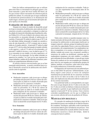 Entre los índices antropométricos que se utilizan                cualquiera de los caracteres evaluados. Toda jo-
para estos fines se encuentran los pliegues grasos y las               ven que experimente la menarquia antes de los
áreas muscular y grasa del tercio medio del brazo, de                  11,5 años.
los que existen valores nacionales de referencia para la             • Maduradora promedio: toda joven que se ubique
población cubana. Es conocido que el rasgo cardinal de                 entre los percentiles 10 y 90 de los valores de
la desnutrición proteicocalórica es la disminución del                 referencia para su edad en el estadio alcanzado
tejido magro, mientras que el incremento del tejido adi-               para cualquiera de los caracteres evaluados o la
poso tipifica a la obesidad.                                           menarquia.
                                                                     • Maduradora tardía: toda joven que se ubique por
Evaluación del desarrollo sexual                                       encima del percentil 90 de los valores de referen-
       Después de evaluar el estadio de desarrollo sexual              cia para su edad en el estadio alcanzado para cual-
en el que se encuentra el adolescente, para cada uno de los            quiera de los caracteres evaluados. Toda joven que
caracteres sexuales se procederá a comparar su edad con                inicie su desarrollo sexual después de los 12,5 años
las edades de transición obtenidas para la población cuba-             o presente la menarquia después de los 14,5 años.
na (Tablas 6.8 y 6.9) con el objetivo de conocer entre cuá-
les percentiles se encuentra ubicado el adolescente en                  Todos estos criterios se pueden manejar como va-
cuestión. El percentil 50 señala la edad en que el 50 % de        riantes normales del desarrollo, pero son muy importan-
los individuos habían alcanzado el estadio en cuestión u
                                                                  tes porque los adolescentes se preocupan mucho por su
otros de más desarrollo y el 50 % restante aún se encon-
                                                                  imagen corporal y, además, porque la maduración reper-
traba en el estadio anterior; el percentil 97 indica la edad
                                                                  cute sobre las capacidades físicas y provoca diferencias
en que el 97 % de los niños han pasado al estadio referido
                                                                  emocionales y de comportamiento. Los maduradores tar-
u otro superior y solo el 3 % aún no lo ha alcanzado; y el
                                                                  díos se preguntan si su cuerpo se desarrollará como es
percentil 3 señala lo inverso, o sea, la edad en que el 3 %
                                                                  debido, cuando esto ocurre, son, en general, sensibles y
ya se encuentra en ese estadio o en otros superiores y el
                                                                  temerosos de confiar sus problemas, mientras que los
97 % aún no lo ha alcanzado. En las tablas referidas no
                                                                  maduradores tempranos son más estables y sociables,
aparecen los estadios 1 ni 5 por ser los que expresan los
                                                                  pero enfrentan diversas dificultades a causa de que ciertas
rasgos infantiles y adultos de los diferentes caracteres; estos
                                                                  formas de conducta no les son aceptadas por infantiles,
tienen un comportamiento diferente al resto.
                                                                  pero otras les son negadas por considerarlas propias de
      Al utilizar criterios convencionales que ya se han
                                                                  adultos; también, en ocasiones, sobre todo en las niñas,
manejado anteriormente, se puede considerar para eva-
                                                                  les resulta embarazoso el desarrollo mamario.
luar el desarrollo sexual de un adolescente una clasifi-
                                                                        El diagnóstico de la presencia de una pubertad pre-
cación como la siguiente:
                                                                  coz es más difícil de precisar. Arbitrariamente, se pu-
                                                                  diera sugerir como precoz el inicio de cualquier
     Sexo masculino
                                                                  manifestación de desarrollo de los caracteres sexuales
                                                                  antes de los 8,5 años en la niña o de los 9 años en el
   • Madurador temprano: todo joven que se ubique
     por debajo del percentil 10 de los valores de refe-          niño; ello implicaría una ubicación inferior al percentil 3
     rencia para su edad en el estadio alcanzado para             de las normas nacionales.
     cualquiera de los caracteres evaluados.                            Una pubertad tardía se correspondería con aque-
   • Madurador promedio: todo joven que se ubique                 llos casos en que después de los 13 años en la niña o de
     entre los percentiles 10 y 90 de los valores de              los 15 años en el niño no hubiera evidencias de desarro-
     referencia para su edad en el estadio alcanzado              llo mamario o genital, lo que implicaría una ubicación
     para cualquiera de los caracteres evaluados.                 superior al percentil 97 de las normas. Estos criterios
   • Madurador tardío: todo joven que se ubique por               coinciden aceptablemente con los que se reflejan en
     encima del percentil 90 de los valores de referen-           una reciente edición del texto de pediatría de Nelson.
     cia para su edad en el estadio alcanzado para cual-
     quiera de los caracteres evaluados. Todo joven que           MADURACIÓN BIOLÓGICA
     inicie su desarrollo sexual después de los 14 años.                El concepto de maduración biológica surge de la
                                                                  necesidad de poseer una medida de la edad de desarro-
     Sexo femenino                                                llo o madurez fisiológica, aplicable a todo el período de
                                                                  crecimiento dada la gran variedad de este proceso. Este
   • Maduradora temprana: toda joven que se ubique                concepto de maduración se puede definir como las trans-
     por debajo del percentil 10 de los valores de refe-          formaciones sucesivas a través del tiempo, desde la
     rencia para la edad en el estadio alcanzado para             concepción hasta la adultez.

                     54                                                                                               Tomo I
 