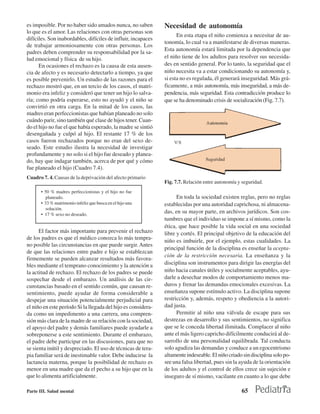 es imposible. Por no haber sido amados nunca, no saben         Necesidad de autonomía
lo que es el amor. Las relaciones con otras personas son
                                                                     En esta etapa el niño comienza a necesitar de au-
difíciles. Son inabordables, difíciles de influir, incapaces
                                                               tonomía, lo cual va a manifestarse de diversas maneras.
de trabajar armoniosamente con otras personas. Los
                                                               Esta autonomía estará limitada por la dependencia que
padres deben comprender su responsabilidad por la sa-
lud emocional y física de su hijo.                             el niño tiene de los adultos para resolver sus necesida-
      En ocasiones el rechazo es la causa de esta ausen-       des en sentido general. Por lo tanto, la seguridad que el
cia de afecto y es necesario detectarlo a tiempo, ya que       niño necesita va a estar condicionando su autonomía y,
es posible prevenirlo. Un estudio de las razones para el       si esta no es regulada, él generará inseguridad. Más grá-
rechazo mostró que, en un tercio de los casos, el matri-       ficamente, a más autonomía, más inseguridad, a más de-
monio era infeliz y consideró que tener un hijo lo salva-      pendencia, más seguridad. Esta contradicción produce lo
ría; como podría esperarse, esto no ayudó y el niño se         que se ha denominado crisis de socialización (Fig. 7.7).
convirtió en otra carga. En la mitad de los casos, las
madres eran perfeccionistas que habían planeado no solo
cuándo parir, sino también qué clase de hijos tener. Cuan-
do el hijo no fue el que había esperado, la madre se sintió
desengañada y culpó al hijo. El restante 17 % de los
casos fueron rechazados porque no eran del sexo de-
seado. Este estudio ilustra la necesidad de investigar
profundamente y no solo si el hijo fue deseado y planea-
do, hay que indagar también, acerca de por qué y cómo
fue planeado el hijo (Cuadro 7.4).
Cuadro 7. 4. Causas de la deprivación del afecto primario
                                                               Fig. 7.7. Relación entre autonomía y seguridad.
       • 50 % madres perfeccionistas y el hijo no fue
          planeado.                                                  En toda la sociedad existen reglas, pero no reglas
       • 33 % matrimonio infeliz que busca en el hijo una      establecidas por una autoridad caprichosa, ni almacena-
          solución.
       • 17 % sexo no deseado.
                                                               das, en su mayor parte, en archivos jurídicos. Son cos-
                                                               tumbres que el individuo se impone a sí mismo, como la
                                                               ética, que hace posible la vida social en una sociedad
      El factor más importante para prevenir el rechazo        libre y cortés. El principal objetivo de la educación del
de los padres es que el médico conozca lo más tempra-
                                                               niño es imbuirle, por el ejemplo, estas cualidades. La
no posible las circunstancias en que puede surgir. Antes
                                                               principal función de la disciplina es enseñar la acepta-
de que las relaciones entre padre e hijo se establezcan
                                                               ción de la restricción necesaria. La enseñanza y la
firmemente se pueden alcanzar resultados más favora-
bles mediante el temprano conocimiento y la atención a         disciplina son instrumentos para dirigir las energías del
la actitud de rechazo. El rechazo de los padres se puede       niño hacia canales útiles y socialmente aceptables, ayu-
sospechar desde el embarazo. Un análisis de las cir-           darle a desechar modos de comportamiento menos ma-
cunstancias basado en el sentido común, que causan re-         duros y frenar las demandas emocionales excesivas. La
sentimiento, puede ayudar de forma considerable a              enseñanza supone estímulo activo. La disciplina supone
despejar una situación potencialmente perjudicial para         restricción y, además, respeto y obediencia a la autori-
el niño en este período Si la llegada del hijo es considera-   dad justa.
da como un impedimento a una carrera, una compren-                   Permitir al niño una válvula de escape para sus
sión más clara de la madre de su relación con la sociedad,     destrezas en desarrollo y sus sentimientos, no significa
el apoyo del padre y demás familiares puede ayudarle a         que se le conceda libertad ilimitada. Complacer al niño
sobreponerse a este sentimiento. Durante el embarazo,          ante el más ligero capricho difícilmente conducirá al de-
el padre debe participar en las discusiones, para que no       sarrollo de una personalidad equilibrada. Tal conducta
se sienta inútil y despreciado. El uso de técnicas de tera-    solo agudiza las demandas y conduce a un egocentrismo
pia familiar será de inestimable valor. Debe inducirse la      altamente indeseable. El niño criado sin disciplina solo po-
lactancia materna, porque la posibilidad de rechazo es         see una falsa libertad, pues sin la ayuda de la orientación
menor en una madre que da el pecho a su hijo que en la         de los adultos y el control de ellos crece sin sujeción e
que lo alimenta artificialmente.                               inseguro de sí mismo, vacilante en cuanto a lo que debe

Parte III. Salud mental                                                                            65
 