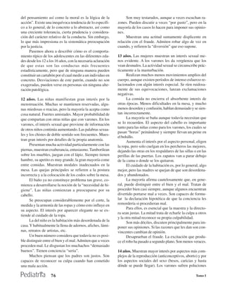 del pensamiento así como la moral es la lógica de la               Son muy testarudos, aunque a veces escuchan ra-
acción”. Existe una inequívoca tendencia de lo específi-      zones. Pueden discutir a veces “por gusto”, pero en la
co a lo general, de lo concreto a lo abstracto, así como      mayoría de los casos lo hacen para imponer sus opinio-
una creciente tolerancia, cierta prudencia y considera-       nes.
ción del carácter relativo de la conducta. Sin embargo,            Muestran una actitud sumamente displicente en
lo que más impresiona es la sistemática preocupación          relación con el fraude. Admiten robar algo de vez en
por la justicia.                                              cuando, y refieren la “diversión” que eso supone.
      Pasemos ahora a describir cómo es el comporta-
miento típico de los adolescentes en las diferentes eda-      13 años. Las mujeres muestran un interés sexual me-
des desde los 12 a los 16 años, con la necesaria aclaración   nos evidente. A los varones les da vergüenza que los
de que estas son las conductas más frecuentes                 vean desnudos. La actividad sexual se circunscribe prác-
estadísticamente, pero que de ninguna manera pueden           ticamente a la masturbación.
constituir un cartabón por el cual medir a un individuo en          Realizan muchos menos movimientos amplios del
concreto. Desviaciones de este patrón, cuando no son          cuerpo, aunque existen períodos de intenso esfuerzo re-
exageradas, pueden verse en personas sin ninguna alte-        lacionados con algún interés especial. Se ríen ruidosa-
ración patológica.                                            mente de sus equivocaciones, lanzan exclamaciones
                                                              negativas.
12 años. Las niñas manifiestan gran interés por la                  La comida no encierra el absorbente interés de
menstruación. Muchas se mantienen reservadas, algu-           otras épocas. Menos dificultades en la mesa, y mucho
nas miedosas o reacias, pero la mayoría la acepta como        menos desorden y confusión, hablan demasiado y se sien-
cosa natural. Fuertes amistades. Mayor probabilidad de        tan incorrectamente.
que compartan con otras niñas que con varones. En los               La mayoría se baña aunque todavía necesitan que
varones, el interés sexual que proviene de información        se lo recuerden. El aspecto del cabello es importante
                                                              tanto para las niñas como para los varones, los cuales se
de otros niños continúa aumentando. Las palabras sexua-
                                                              pasan “horas” peinándose y siempre llevan un peine en
les y los chistes de doble sentido son frecuentes. Mues-
                                                              el bolsillo.
tran gran interés por detalles de la propia anatomía.               Aumenta el interés por el aspecto personal, eligen
      Presentan mucha actividad particularmente con las       la ropa, pero solo cuelgan en los percheros las mejores,
piernas, muestran exuberancia, entusiasmo. Tamborilean        dejando las otras en los respaldares de las sillas o en las
sobre los muebles, juegan con el lápiz. Siempre tienen        perillas de las puertas. Los zapatos van a parar debajo
hambre, su apetito es muy grande, la gran mayoría come        de la cama o donde se los quitaron.
entre comidas. Muestran modales inadecuados en la                   El cuidado de la habitación es, por lo general, algo
mesa. Las quejas principales se refieren a la postura         mejor, pero las madres se quejan de que son desordena-
incorrecta y a la colocación de los codos sobre la mesa.      dos y abandonados.
      El baño ya no constituye problema tan grave, co-              La mayoría afirma cautelosamente que, en gene-
mienza a desarrollarse la noción de la “necesidad de hi-      ral, puede distinguir entre el bien y el mal. Tratan de
giene”. Las niñas comienzan a preocuparse por su              proceder bien casi siempre, aunque algunos encuentran
cabello.                                                      divertido portarse mal a veces. Son capaces de formu-
      Se preocupan considerablemente por el corte, la         lar la declaración hipotética de que la conciencia les
medida y la armonía de las ropas y cómo esto influye en       remordería si procedieran mal.
                                                                    Para ellos, es esencial que la maestra y la directo-
su aspecto. El interés por aparecer elegante no se ex-
                                                              ra sean justas. La mitad trata de echarle la culpa a otros
tiende al cuidado de la ropa.
                                                              y la otra mitad reconoce su propia culpabilidad.
      La del niño es la habitación más desordenada de la
                                                                    Son más dóciles, discuten principalmente para im-
casa. Y habitualmente la llena de adornos, afiches, lámi-     poner sus opiniones. Si las razones que les dan son con-
nas, retratos de artistas, etc.                               vincentes cambian de opinión.
      Un buen número considera que todavía no es posi-              Desaprueban el fraude. La excitación que produ-
ble distinguir entre el bien y el mal. Admiten que a veces    ce el robo ha pasado a segundo plano. Son menos veraces.
proceden mal. Le disgustan los muchachos “demasiado
buenos”. Tienen conciencia “seria”.                           14 años. Muestran mayor interés por aspectos más com-
      Muchos piensan que los padres son justos. Son           plejos de la reproducción (anticonceptivos, aborto) y por
capaces de reconocer su culpa cuando han cometido             los aspectos sociales del sexo (besos, caricias y hasta
una mala acción.                                              dónde se puede llegar). Los varones sufren poluciones

                    76                                                                                            Tomo I
 