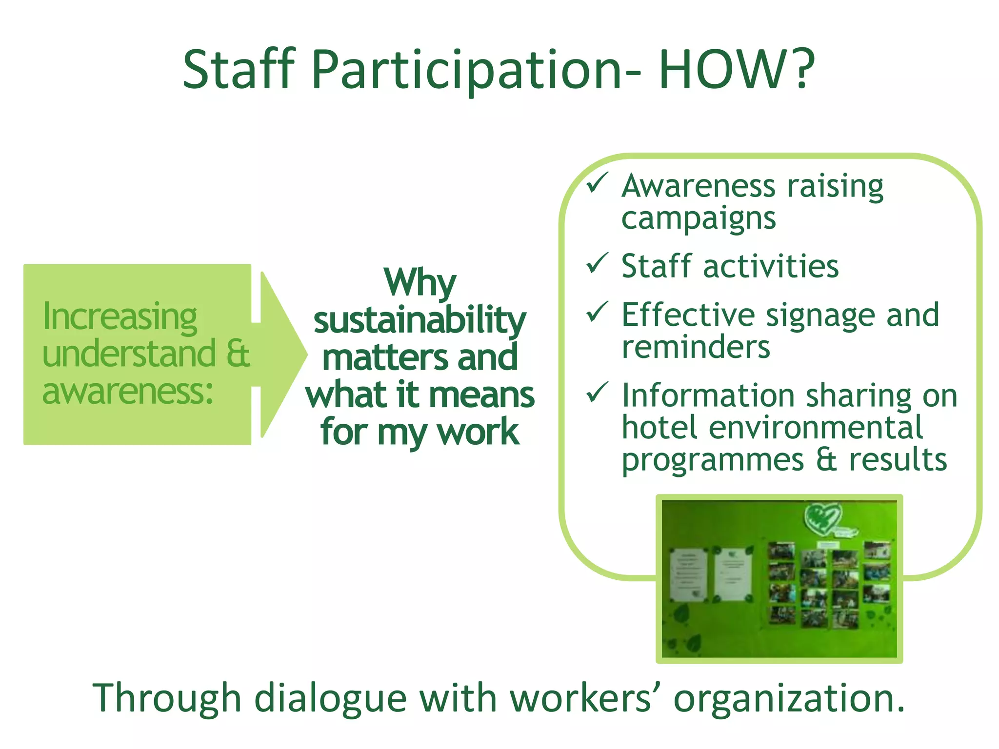Staff Participation- HOW?
Through dialogue with workers’ organization.
Increasing
understand &
awareness:
Why
sustainability
matters and
what it means
for my work
 Awareness raising
campaigns
 Staff activities
 Effective signage and
reminders
 Information sharing on
hotel environmental
programmes & results
 