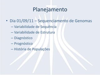 PlanejamentoDia 01/09/11 – Sequenciamento de GenomasVariabilidade de SequênciaVariabilidade de EstruturaDiagnóstico PrognósticoHistória de Populações