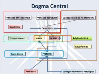 Dogma CentralVariação em sequênciaVariação estruturalVariação química na cromatinaGenômicaCromatinaEdição de RNAmRNAncRNATranscritômicaEpigenômicaProteínasProteômicaVariação Normal ou PatológicaAmbiente