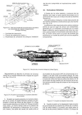 ENTRADA DEL A.RE DE ACCIONAM'ENTO DEJ 
MOTOR DE ROTACION y MARTILLO 
MOTOR DE AIRE 
REVERSIBLE 
ENGRANAJE 
REDUCTOR 
Figura 2.14. Vista seccionada de una perforadora neumática 
con mecanismo de rotación independiente 
. (Compair-Holman). 
- Facilidad de reparación 
- Precios de adquisición bajos, y 
- Posibilidad de utilización de antiguas instalacio- 
ENTRADA DE FLUIDO DE BARRIDO 
ADAPTADOR 
.~ 
i 
~I ! 
fiñ~ 
11 
nes de aire comprimido en explotaciones subte-rráneas. 
3.2. Perforadoras hidráulicas 
A finales de los años sesenta y comienzo de los 
setenta, tuvo lugar un gran avance tecnológico en la 
perforación de rocas con el desarrollo de los martillos 
hidráulicos. 
Una perforadora hidráulica consta básicamente de 
los mismos elementos constructivos que una neumá-tica. 
Fig. 2.15. 
La diferencia más importante entre ambos sistemas 
estriba en que en lugar de utilizar aire comprimido, 
generado por un compresor accionado por un motor 
diesel o eléctrico, para el gobierno del motor de rota-ción 
y para producir el movimiento alternativo del pis-tón, 
un motor actúa sobre un grupo de bombas que 
suministran un caudal de aceite que acciona aquellos 
componentes. 
CONTROL DE PARAMETROS 
DE PERFORACION r 
¡MOTOR DE ROTAC"~ 
Figura 2.15. Sección de un martillo hidráulico (Atlas Copco). 
Seguidamente se describe el principio de funciona-miento 
de un martillohidráulico de un equipo de superfi-cie, 
Fig. 2.16 a 2.19. 
Figura 2.16. El pistón se encuentra en el extremo delantero 
de su carrera. 
1. El pistón se muestra estando en el extremo delan-tero 
de su carrera. El aceite hidráulico penetra a la per-foradora 
a través del orificio de alta presión (1) Y fluye 
hacia la parte delantera de cilindro (2). Empuja al pistón 
hacia atrás y al mismo tiempo entra en la cámara del 
distribuidor (3) empujando al distribuidor (4) a la posi-ción 
trasera. Una parte del caudal del aceite entra al 
acumulador de alta presión (HP) (5) comprimiendo el ni-trógeno 
y de este modo acumulando energía. En esta 
posición el aceite en la parte trasera del cilindro escapa 
a través del orificio (6) hacia el orificio de retorno (7). El 
acumulador de baja presión (LP) (8) funciona de la mis-ma 
manera evitando carga de choque en las mangueras 
de retorno. 
Figura 2.17. El pistón se desplaza hacia atrás. 
2. Cuando el pistón se ha desplazado hasta el punto 
en que el borde (9) ha cubierto los orificios (6), el orificio 
(10) se habrá abierto y la presión que actúa sobre el 
lado de la alta presión detiene el émbolo. El choque de 
31 
 