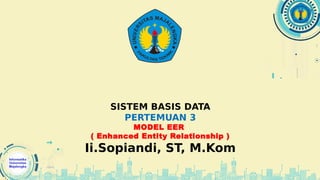 SISTEM BASIS DATA
PERTEMUAN 3
MODEL EER
( Enhanced Entity Relationship )
Ii.Sopiandi, ST, M.Kom
 
