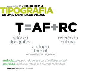 Projeto Gráfico • | IED | BR | SP | Fabio Silveira
Design Gráfico13
tipografia
escolha bem a
de uma identidade visual
analogia: parece ou não parece com (análise sintática)
referência: remete ou refere-se a (campo semântico)
retórica
tipográfica
referência
cultural
analogia
formal
(afirmativa ou negativa)
T=AF+RC
 