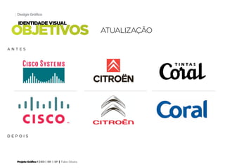 Projeto Gráfico • | IED | BR | SP | Fabio Silveira
Design Gráfico3
objetivos
identidade visual
atualização
a n t e s
d e p o i s
 