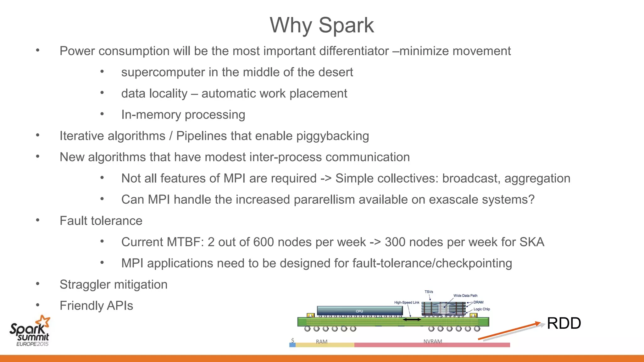 Why Spark
• Power consumption will be the most important differentiator –minimize movement
• supercomputer in the middle of the desert
• data locality – automatic work placement
• In-memory processing
• Iterative algorithms / Pipelines that enable piggybacking
• New algorithms that have modest inter-process communication
• Not all features of MPI are required -> Simple collectives: broadcast, aggregation
• Can MPI handle the increased pararellism available on exascale systems?
• Fault tolerance
• Current MTBF: 2 out of 600 nodes per week -> 300 nodes per week for SKA
• MPI applications need to be designed for fault-tolerance/checkpointing
• Straggler mitigation
• Friendly APIs
RDD
 