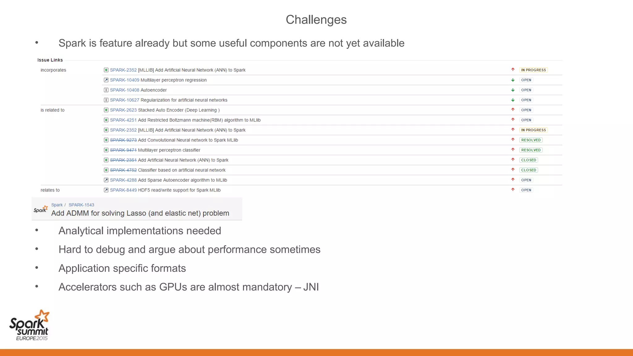 Challenges
• Spark is feature already but some useful components are not yet available
• JNI
• Analytical implementations needed
• Hard to debug and argue about performance sometimes
• Application specific formats
• Accelerators such as GPUs are almost mandatory – JNI
 