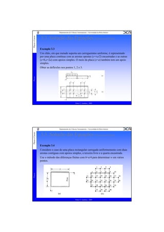 Placas e Cascas

Departamento de Ciências Aeroespaciais - Universidade da Beira Interior

3.3. Solução das Equações (Diferenças Finitas)
Exemplo 3.3
Um chão, em que metade suporta um carregaemtno uniforme, é representado
por uma placa contínua com as arestas opostas (y=±a/2) encastradas e as outras
(x=0,x=2a) com apoios simples. O meio da placa (x=a) também tem um apoio
simples.

Placas

Obter as deflexões nos pontos 1, 2 e 3.

Pedro V. Gamboa - 2009

Placas e Cascas

Departamento de Ciências Aeroespaciais - Universidade da Beira Interior

3.3. Solução das Equações (Diferenças Finitas)
Exemplo 3.4
Considere o caso de uma placa rectangular carregada uniformemente com duas
arestas contíguas com apoios simples, a terceira livre e a quarta encastrada.

Placas

Use o método das diferenças finitas com h=a/4 para determinar w em vários
pontos.

Pedro V. Gamboa - 2009

 
