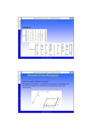 Placas e Cascas

Departamento de Ciências Aeroespaciais - Universidade da Beira Interior

3.6. Elemento Finito Triangular

Placas

Exemplo 3.5

Pedro V. Gamboa - 2009

Placas e Cascas

Departamento de Ciências Aeroespaciais - Universidade da Beira Interior

3.7. Elemento Finito Rectagular
Vamos ver, agora, o elemento rectangular.

Placas

Para garantir, pelo menos, o cumprimento aproximado da continuidade das
derivadas, são usadas três componentes do deslocamento nodal como
anteriormente.

Pedro V. Gamboa - 2009

 