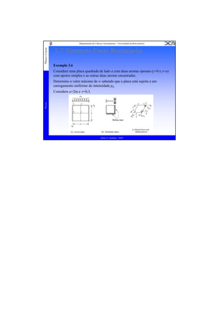 Placas e Cascas

Departamento de Ciências Aeroespaciais - Universidade da Beira Interior

3.7. Elemento Finito Rectangular
Exemplo 3.6
Considere uma placa quadrada de lado a com duas arestas opostas (y=0 e y=a)
com apoios simples e as outras duas arestas encastradas.
Determine o valor máximo de w sabendo que a placa está sujeita a um
carregamento uniforme de intensidade p0.

Placas

Considere a=2m e ν=0,3.

Pedro V. Gamboa - 2009

 