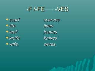 -F /-FE-F /-FE -VES-VES
 scarfscarf scarvesscarves
 lifelife liveslives
 leafleaf leavesleaves
 knifeknife knivesknives
 wifewife wiveswives
 