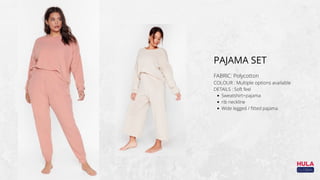 PAJAMA SET
FABRIC: Polycotton
COLOUR : Multiple options available
DETAILS : Soft feel
Sweatshirt+pajama
rib neckline
Wide legged / fitted pajama
 