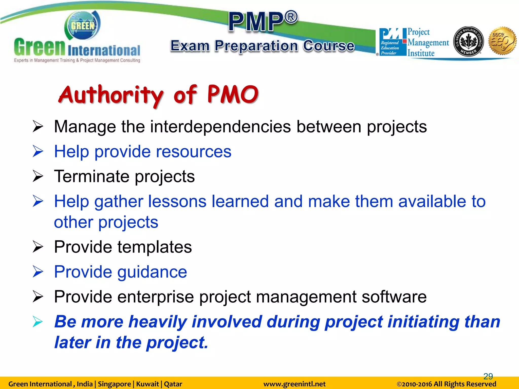 Green International , India | Singapore | Kuwait | Qatar www.greenintl.net ©2010-2016 All Rights Reserved
29
Authority of PMO
 Manage the interdependencies between projects
 Help provide resources
 Terminate projects
 Help gather lessons learned and make them available to
other projects
 Provide templates
 Provide guidance
 Provide enterprise project management software
 Be more heavily involved during project initiating than
later in the project.
 