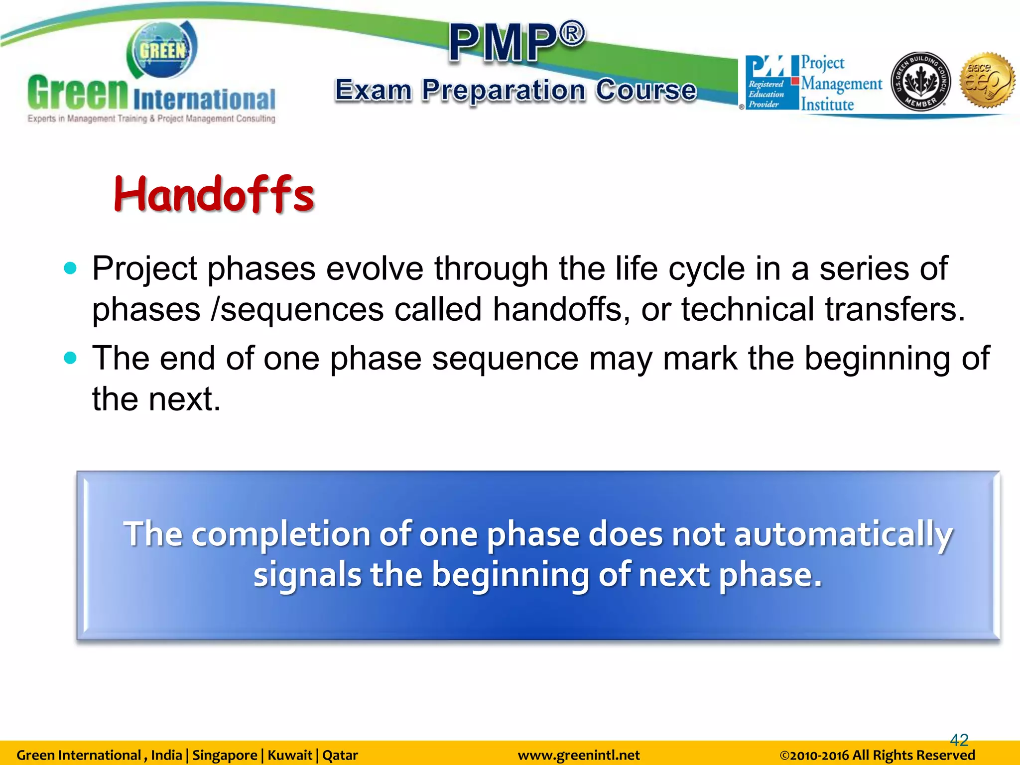 Green International , India | Singapore | Kuwait | Qatar www.greenintl.net ©2010-2016 All Rights Reserved
42
Handoffs
 Project phases evolve through the life cycle in a series of
phases /sequences called handoffs, or technical transfers.
 The end of one phase sequence may mark the beginning of
the next.
The completion of one phase does not automatically
signals the beginning of next phase.
 
