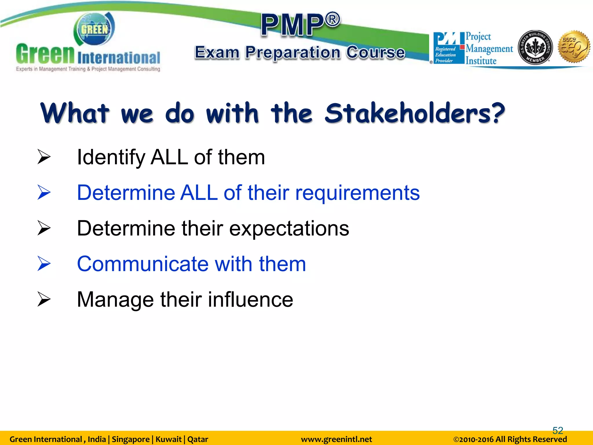 Green International , India | Singapore | Kuwait | Qatar www.greenintl.net ©2010-2016 All Rights Reserved
52
What we do with the Stakeholders?
 Identify ALL of them
 Determine ALL of their requirements
 Determine their expectations
 Communicate with them
 Manage their influence
 
