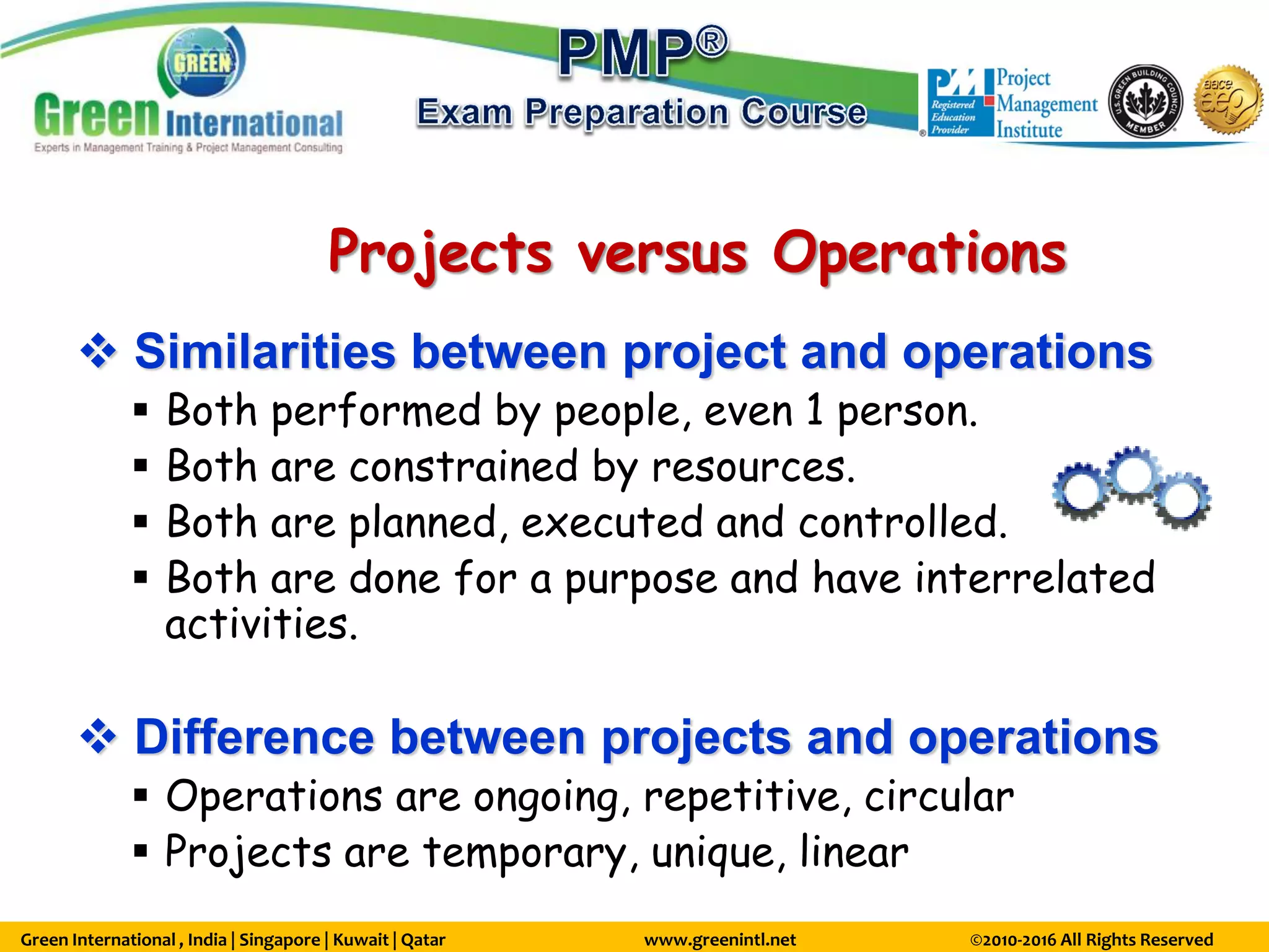 Green International , India | Singapore | Kuwait | Qatar www.greenintl.net ©2010-2016 All Rights Reserved
Projects versus Operations
 Similarities between project and operations
 Both performed by people, even 1 person.
 Both are constrained by resources.
 Both are planned, executed and controlled.
 Both are done for a purpose and have interrelated
activities.
 Difference between projects and operations
 Operations are ongoing, repetitive, circular
 Projects are temporary, unique, linear
 