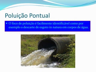Poluição PontualO foco de poluição é facilmente identificável como por exemplo o descarte de esgoto in natura em corpos de água. 