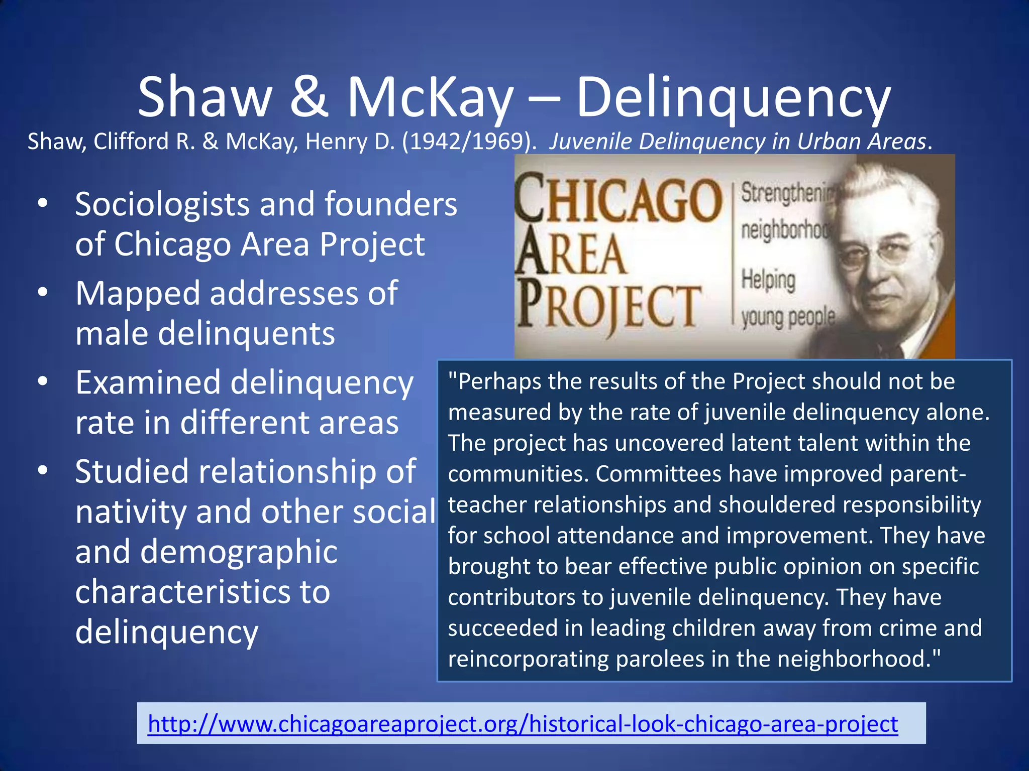Shaw & McKay – DelinquencyShaw, Clifford R. & McKay, Henry D. (1942/1969).  Juvenile Delinquency in Urban Areas.Sociologists and founders of Chicago Area ProjectMapped addresses of male delinquentsExamined delinquency rate in different areasStudied relationship of nativity and other social and demographic characteristics to delinquency "Perhaps the results of the Project should not be measured by the rate of juvenile delinquency alone. The project has uncovered latent talent within the communities. Committees have improved parent-teacher relationships and shouldered responsibility for school attendance and improvement. They have brought to bear effective public opinion on specific contributors to juvenile delinquency. They have succeeded in leading children away from crime and reincorporating parolees in the neighborhood."http://www.chicagoareaproject.org/historical-look-chicago-area-project