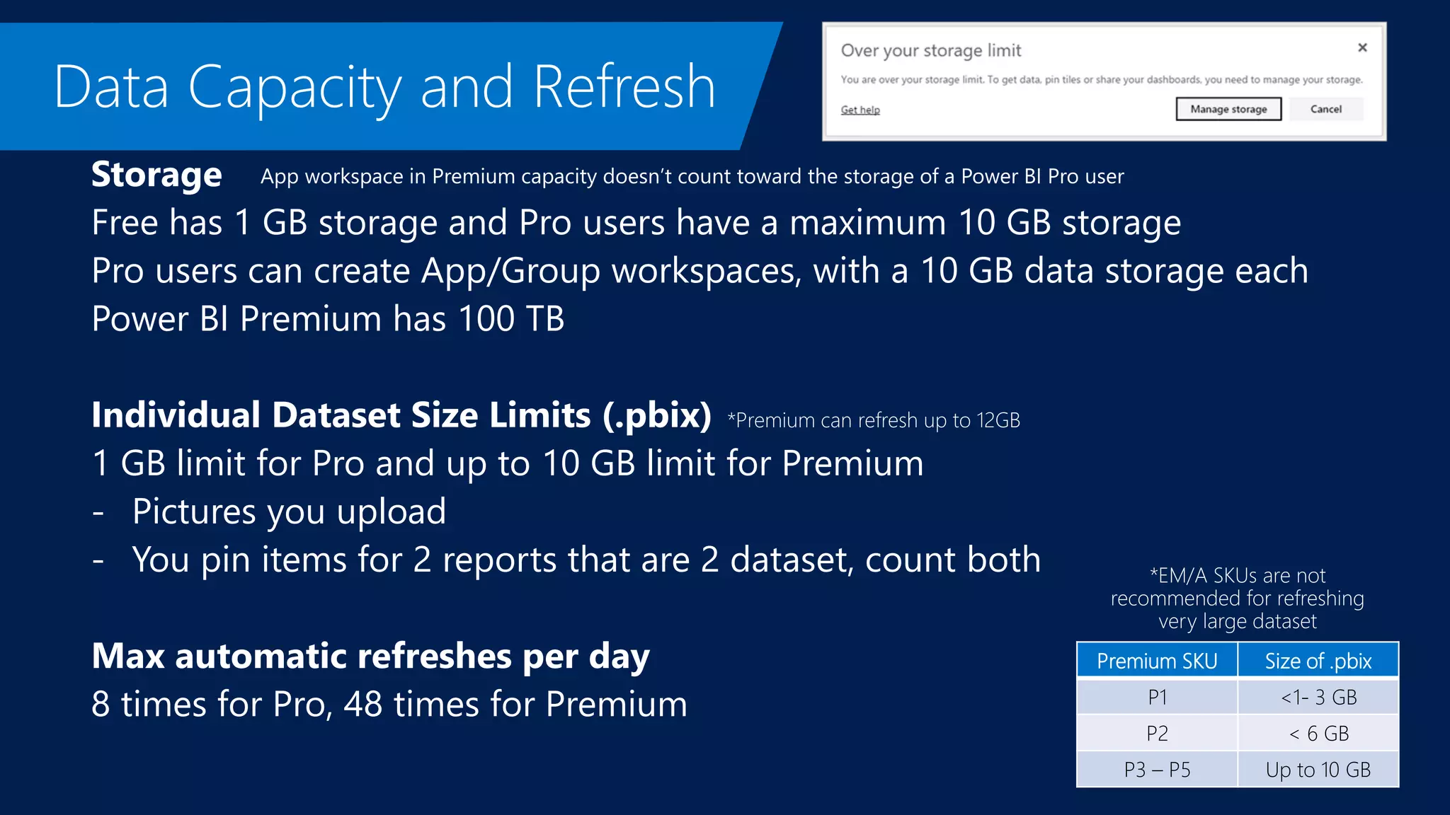 Storage
Free has 1 GB storage and Pro users have a maximum 10 GB storage
Pro users can create App/Group workspaces, with a 10 GB data storage each
Power BI Premium has 100 TB
Individual Dataset Size Limits (.pbix)
1 GB limit for Pro and up to 10 GB limit for Premium
- Pictures you upload
- You pin items for 2 reports that are 2 dataset, count both
Max automatic refreshes per day
8 times for Pro, 48 times for Premium
App workspace in Premium capacity doesn’t count toward the storage of a Power BI Pro user
Premium SKU Size of .pbix
P1 <1- 3 GB
P2 < 6 GB
P3 – P5 Up to 10 GB
 