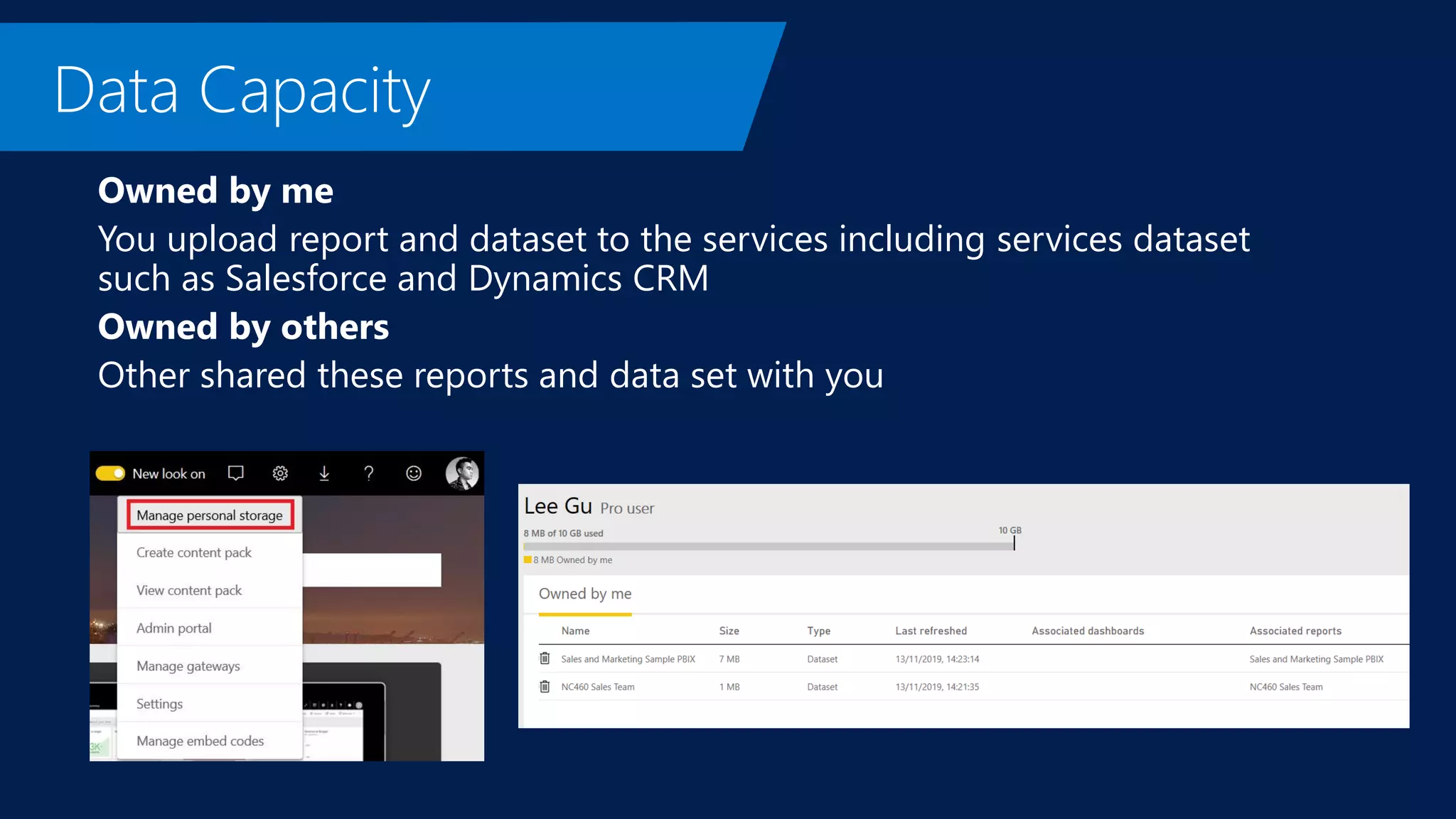 Owned by me
You upload report and dataset to the services including services dataset
such as Salesforce and Dynamics CRM
Owned by others
Other shared these reports and data set with you
 