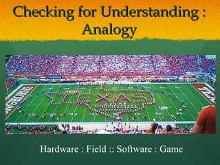 Checking for Understanding :Checking for Understanding :
AnalogyAnalogy
Hardware : Field :: Software : Game
 