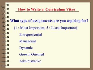 How to Write a  Curriculum Vitae What type of assignments are you aspiring for? (1 : Most Important, 5 : Least Important) Entrepreneurial Managerial   Dynamic  Growth Oriented   Administrative 