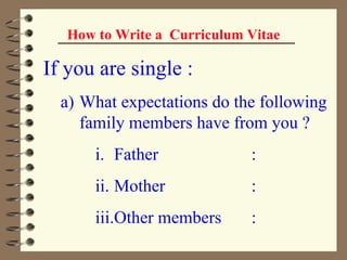 How to Write a  Curriculum Vitae If you are single : What expectations do the following family members have from you ? Father : Mother : Other members : 
