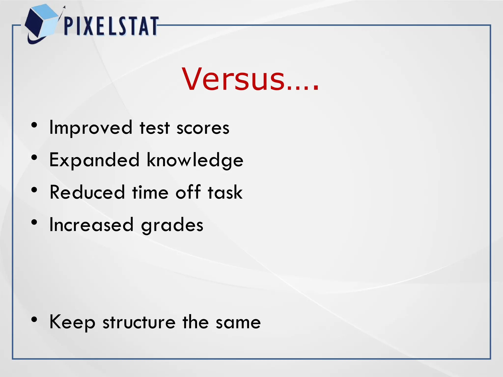 Versus….
• Improved test scores
• Expanded knowledge
• Reduced time off task
• Increased grades
• Keep structure the same
 