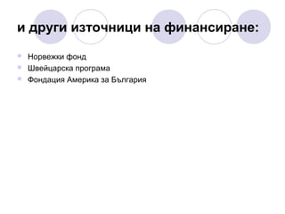 и други източници на финансиране:




Норвежки фонд
Швейцарска програма
Фондация Америка за България

 