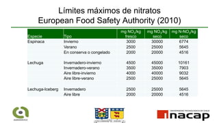 Límites máximos de nitratos
European Food Safety Authority (2010)
Especie Tipo
mg NO3/kg
fresco
mg NO3/kg
seco
mg N-NO3/kg
seco
Espinaca Invierno 3000 30000 6774
Verano 2500 25000 5645
En conserva o congelado 2000 20000 4516
Lechuga Invernadero-invierno 4500 45000 10161
Invernadero-verano 3500 35000 7903
Aire libre-invierno 4000 40000 9032
Aire libre-verano 2500 25000 5645
Lechuga-Iceberg Invernadero 2500 25000 5645
Aire libre 2000 20000 4516
 