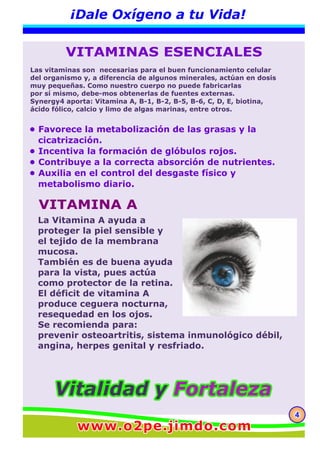 444
¡Dale Oxígeno a tu Vida!
Las vitaminas son necesarias para el buen funcionamiento celular
del organismo y, a diferencia de algunos minerales, actúan en dosis
muy pequeñas. Como nuestro cuerpo no puede fabricarlas
por sí mismo, debe-mos obtenerlas de fuentes externas.
Synergy4 aporta: Vitamina A, B-1, B-2, B-5, B-6, C, D, E, biotina,
ácido fólico, calcio y limo de algas marinas, entre otros.
VITAMINAS ESENCIALES
VITAMINA A
• Favorece la metabolización de las grasas y la
cicatrización.
• Incentiva la formación de glóbulos rojos.
• Contribuye a la correcta absorción de nutrientes.
• Auxilia en el control del desgaste físico y
metabolismo diario.
La Vitamina A ayuda a
proteger la piel sensible y
el tejido de la membrana
mucosa.
También es de buena ayuda
para la vista, pues actúa
como protector de la retina.
El déficit de vitamina A
produce ceguera nocturna,
resequedad en los ojos.
Se recomienda para:
prevenir osteoartritis, sistema inmunológico débil,
angina, herpes genital y resfriado.
Vitalidad yVitalidad y FortalezaFortalezaVitalidad y Fortaleza
www.o2pe.jimdo.comwww.o2pe.jimdo.comwww.o2pe.jimdo.com
 