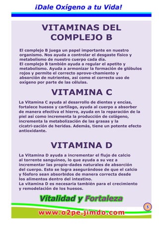 555
¡Dale Oxígeno a tu Vida!
VITAMINA C
VITAMINAS DEL
COMPLEJO B
VITAMINA D
El complejo B juega un papel importante en nuestro
organismo. Nos ayuda a controlar el desgaste físico y
metabolismo de nuestro cuerpo cada día.
El complejo B también ayuda a regular el apetito y
metabolismo. Ayuda a armonizar la formación de glóbulos
rojos y permite el correcto aprove-chamiento y
absorción de nutrientes, así como el correcto uso de
oxígeno por parte de las células.
La Vitamina C ayuda al desarrollo de dientes y encías,
fortalece huesos y cartílago, ayuda al cuerpo a absorber
de manera efectiva el hierro, ayuda en la reparación de la
piel así como incrementa la producción de colágeno,
incrementa la metabolización de las grasas y la
cicatri-zación de heridas. Además, tiene un potente efecto
antioxidante.
La Vitamina D ayuda a incrementar el flujo de calcio
al torrente sanguíneo, lo que ayuda a su vez a
incrementar las propie-dades naturales de absorción
del cuerpo. Esto se logra asegurándose de que el calcio
y fósforo sean absorbidos de manera correcta desde
los alimentos dentro del intestino.
La vitamina D es necesaria también para el crecimiento
y remodelación de los huesos.
Vitalidad yVitalidad y FortalezaFortalezaVitalidad y Fortaleza
www.o2pe.jimdo.comwww.o2pe.jimdo.comwww.o2pe.jimdo.com
 