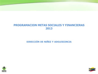 PROGRAMACION METAS SOCIALES Y FINANCIERAS
2013
DIRECCIÓN DE NIÑEZ Y ADOLESCENCIA
 