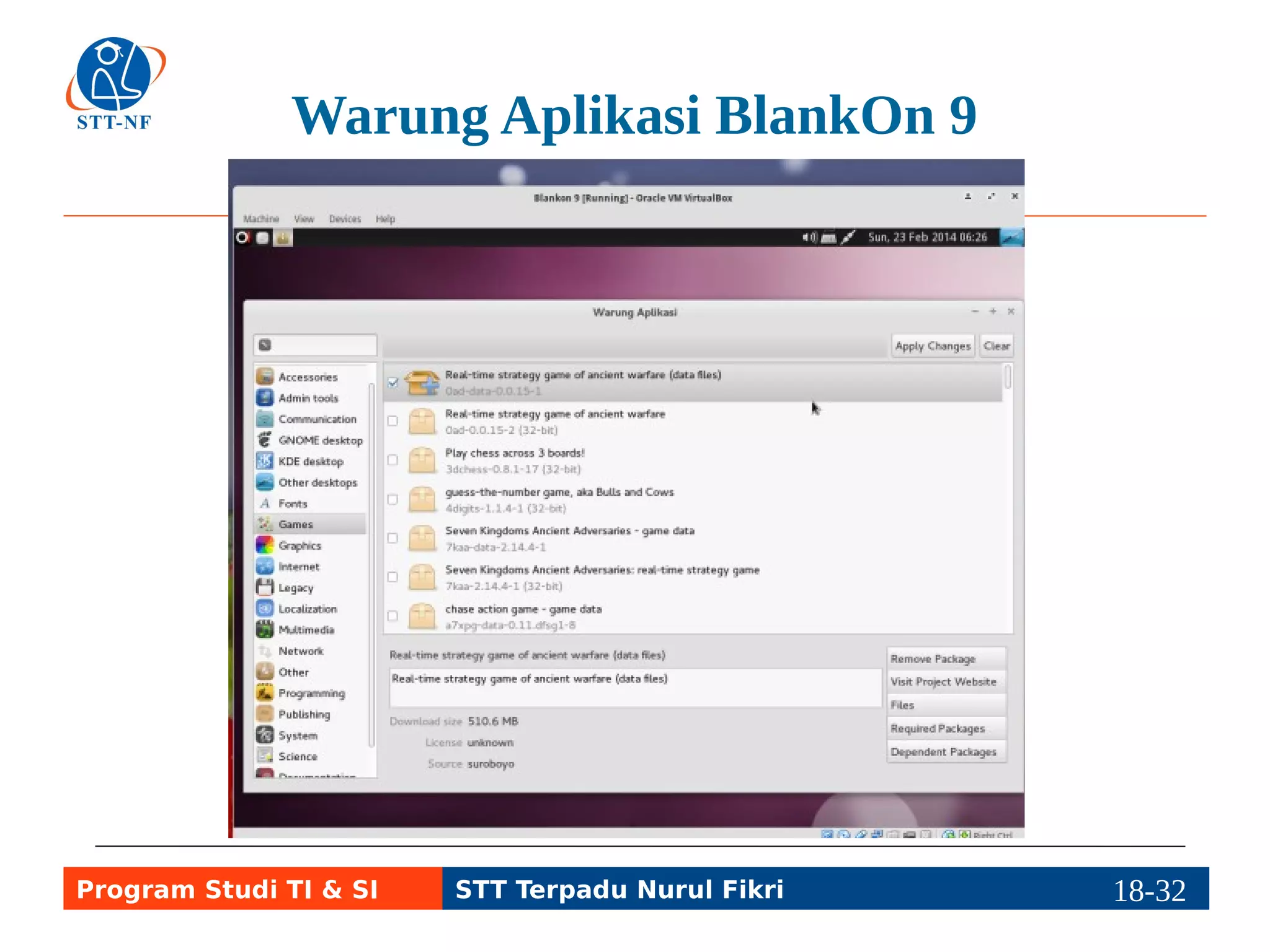 5 Ciri dan Spesifikasi Linux (1) 
1. Multiuser: beberapa pengguna bisa login 
dan bekerja di sebuah komputer Linux secara 
bersamaan. 
2. Multitasking: beberapa program dapat 
dijalankan dalam waktu bersamaan. 
3. Multiplatform: dapat dipasang di berbagai 
hardware. 
Program Studi TI & SI STT Terpadu Nurul Fikri 18-3118-5 
 