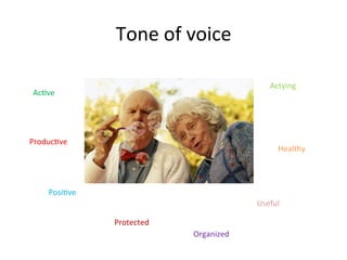 Tone	
  of	
  voice	
  
Ac6ve	
  
Actying	
  
Posi6ve	
  
Useful	
  
Healthy	
  
Produc6ve	
  
Protected	
  
Organized	
  
 
