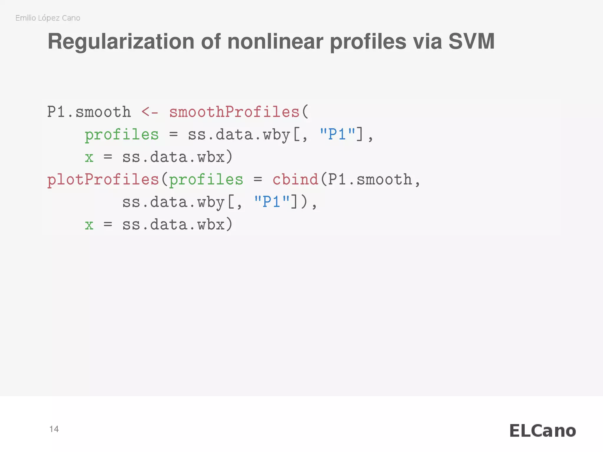 Regularization of nonlinear proﬁles via SVM
P1.smooth <- smoothProfiles(
profiles = ss.data.wby[, "P1"],
x = ss.data.wbx)
plotProfiles(profiles = cbind(P1.smooth,
ss.data.wby[, "P1"]),
x = ss.data.wbx)
14
 