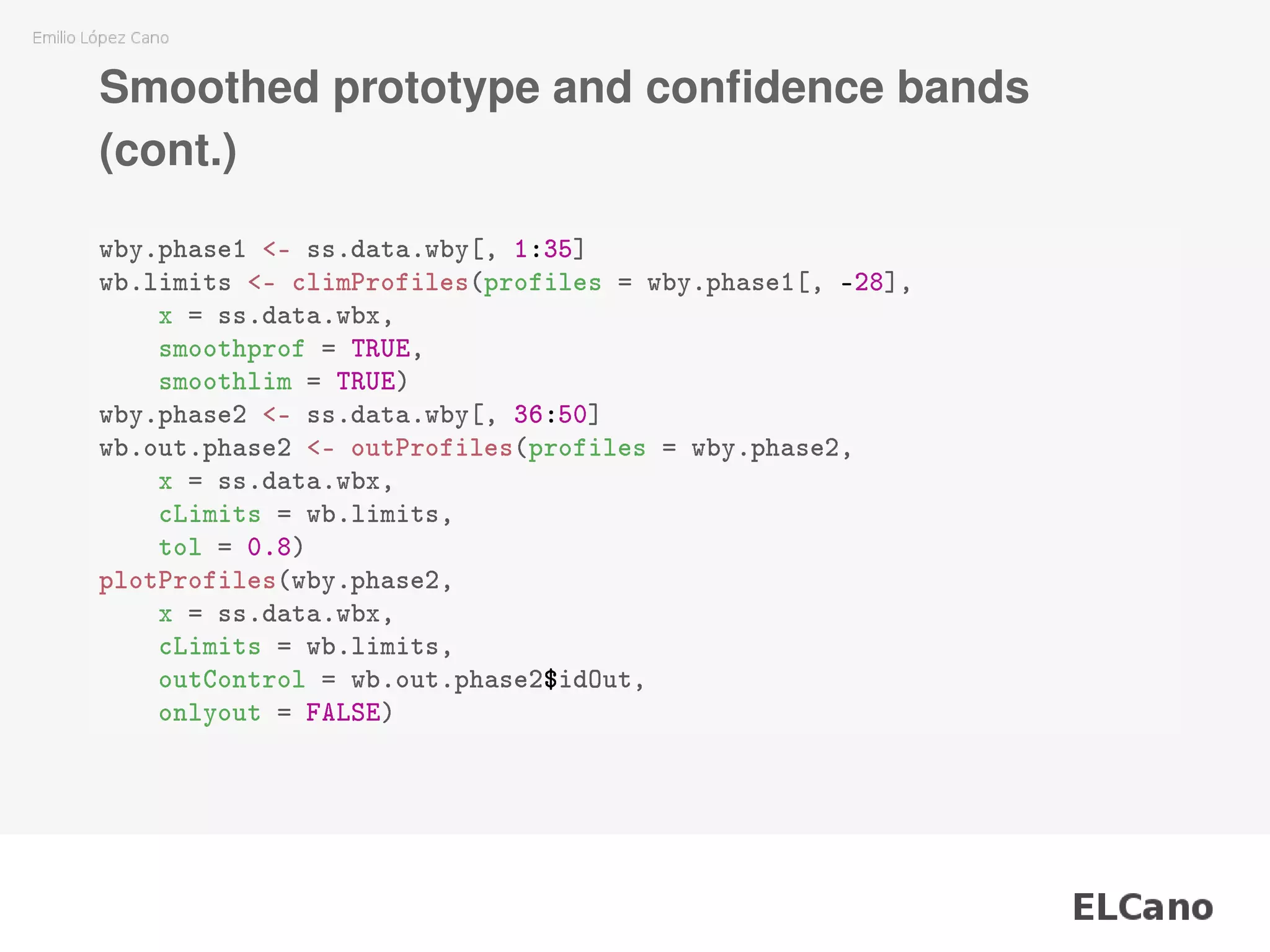 Smoothed prototype and conﬁdence bands
(cont.)
wby.phase1 <- ss.data.wby[, 1:35]
wb.limits <- climProfiles(profiles = wby.phase1[, -28],
x = ss.data.wbx,
smoothprof = TRUE,
smoothlim = TRUE)
wby.phase2 <- ss.data.wby[, 36:50]
wb.out.phase2 <- outProfiles(profiles = wby.phase2,
x = ss.data.wbx,
cLimits = wb.limits,
tol = 0.8)
plotProfiles(wby.phase2,
x = ss.data.wbx,
cLimits = wb.limits,
outControl = wb.out.phase2$idOut,
onlyout = FALSE)
 
